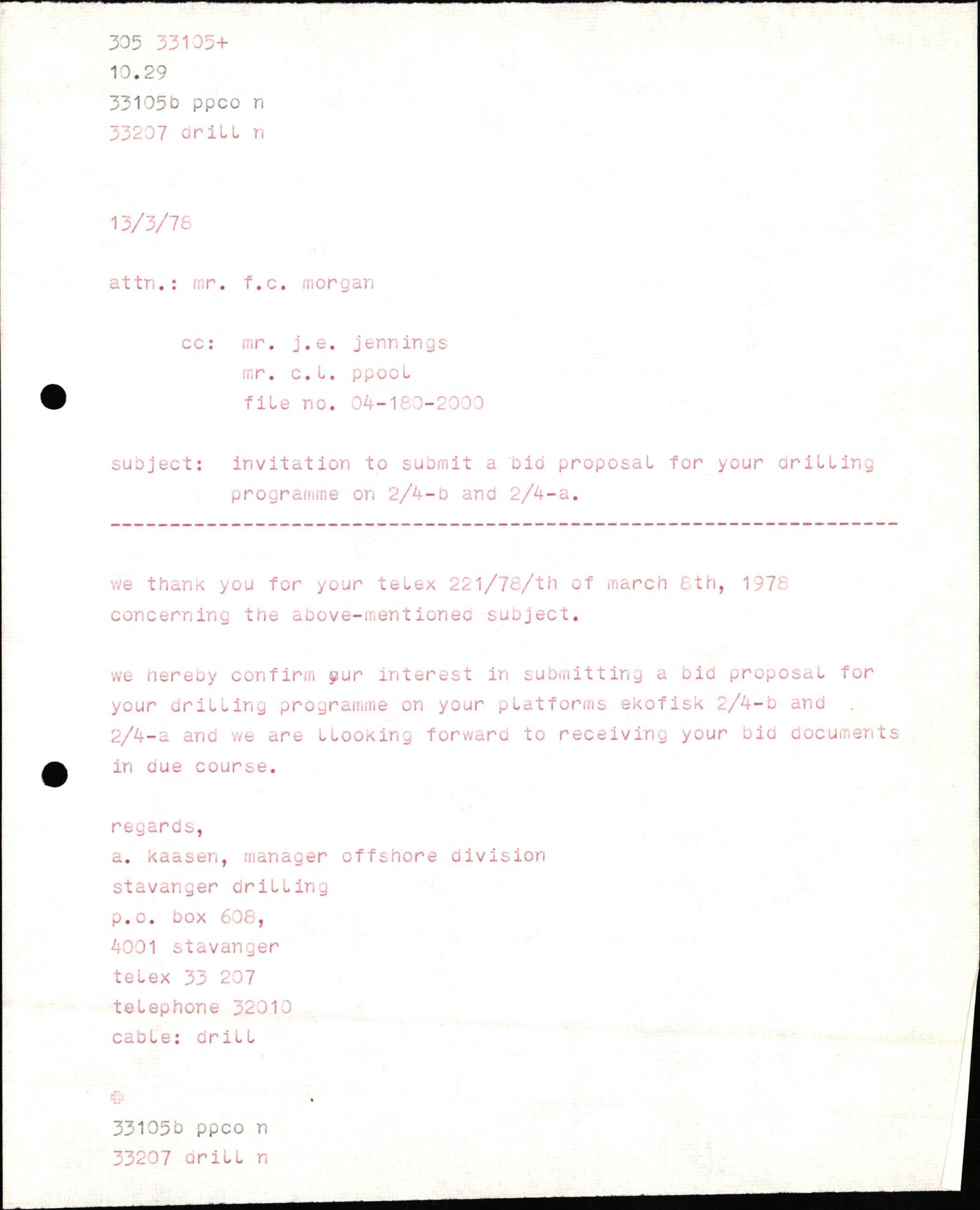 Pa 1503 - Stavanger Drilling AS, AV/SAST-A-101906/2/E/Eb/Eba/L0010: Sak og korrespondanse, 1977-1981