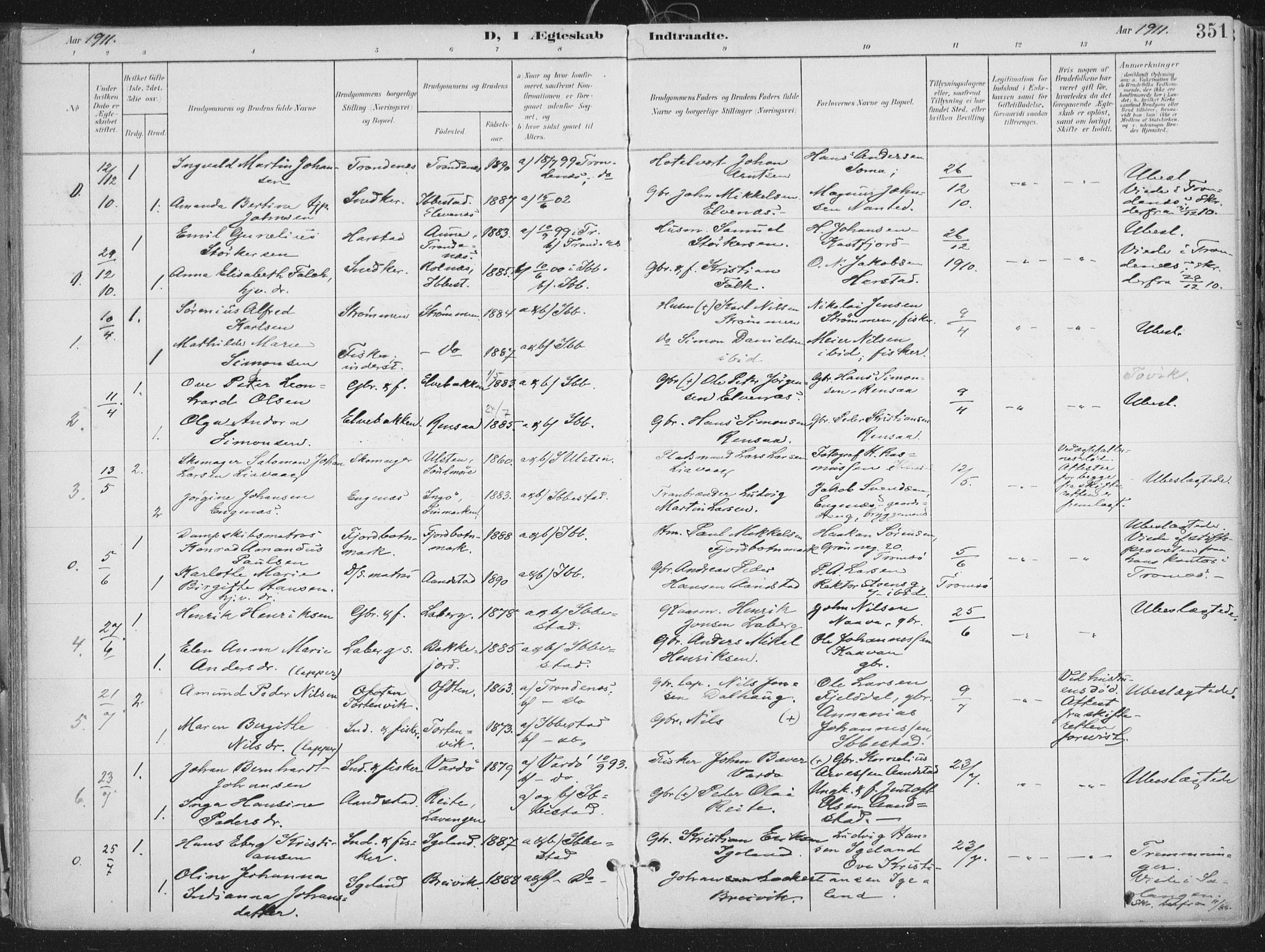 Ibestad sokneprestembete, SATØ/S-0077/H/Ha/Haa/L0017kirke: Parish register (official) no. 17, 1901-1914, p. 351