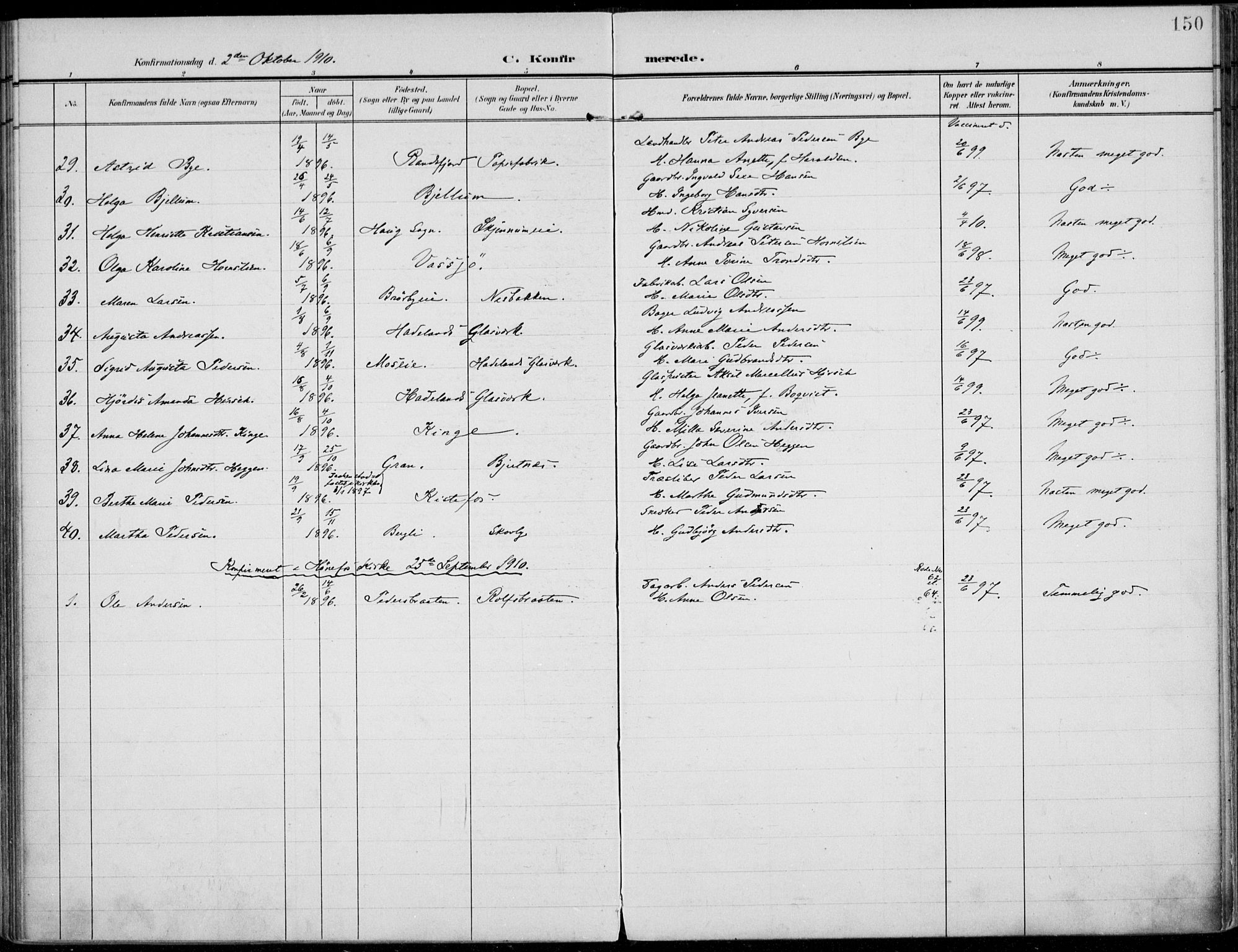 Jevnaker prestekontor, SAH/PREST-116/H/Ha/Haa/L0011: Parish register (official) no. 11, 1902-1913, p. 150