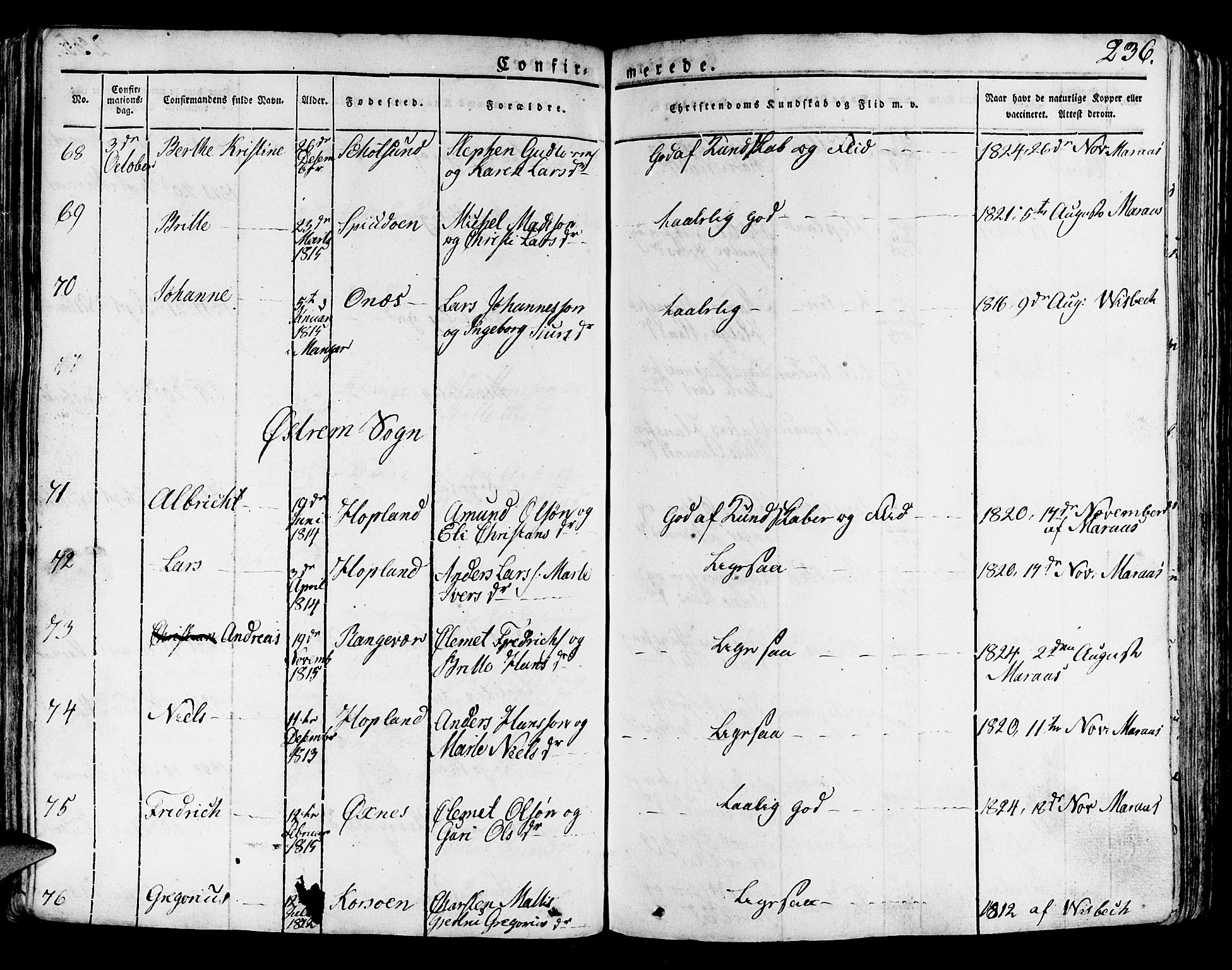 Lindås Sokneprestembete, AV/SAB-A-76701/H/Haa/Haaa/L0008: Parish register (official) no. A 8, 1823-1836, p. 236