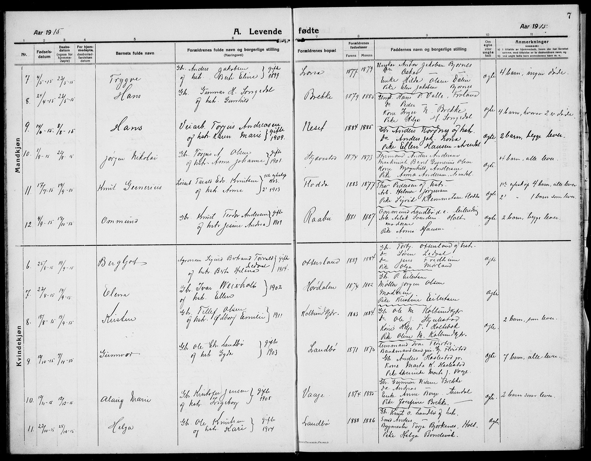 Austre Moland sokneprestkontor, AV/SAK-1111-0001/F/Fb/Fba/L0005: Parish register (copy) no. B 4b, 1914-1935, p. 7