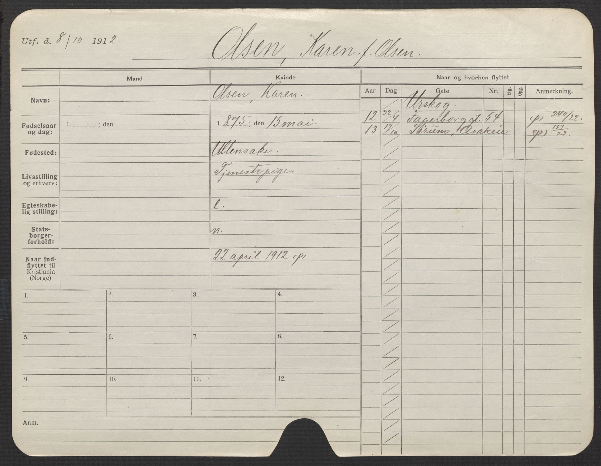 Oslo folkeregister, Registerkort, AV/SAO-A-11715/F/Fa/Fac/L0022: Kvinner, 1906-1914, p. 10a