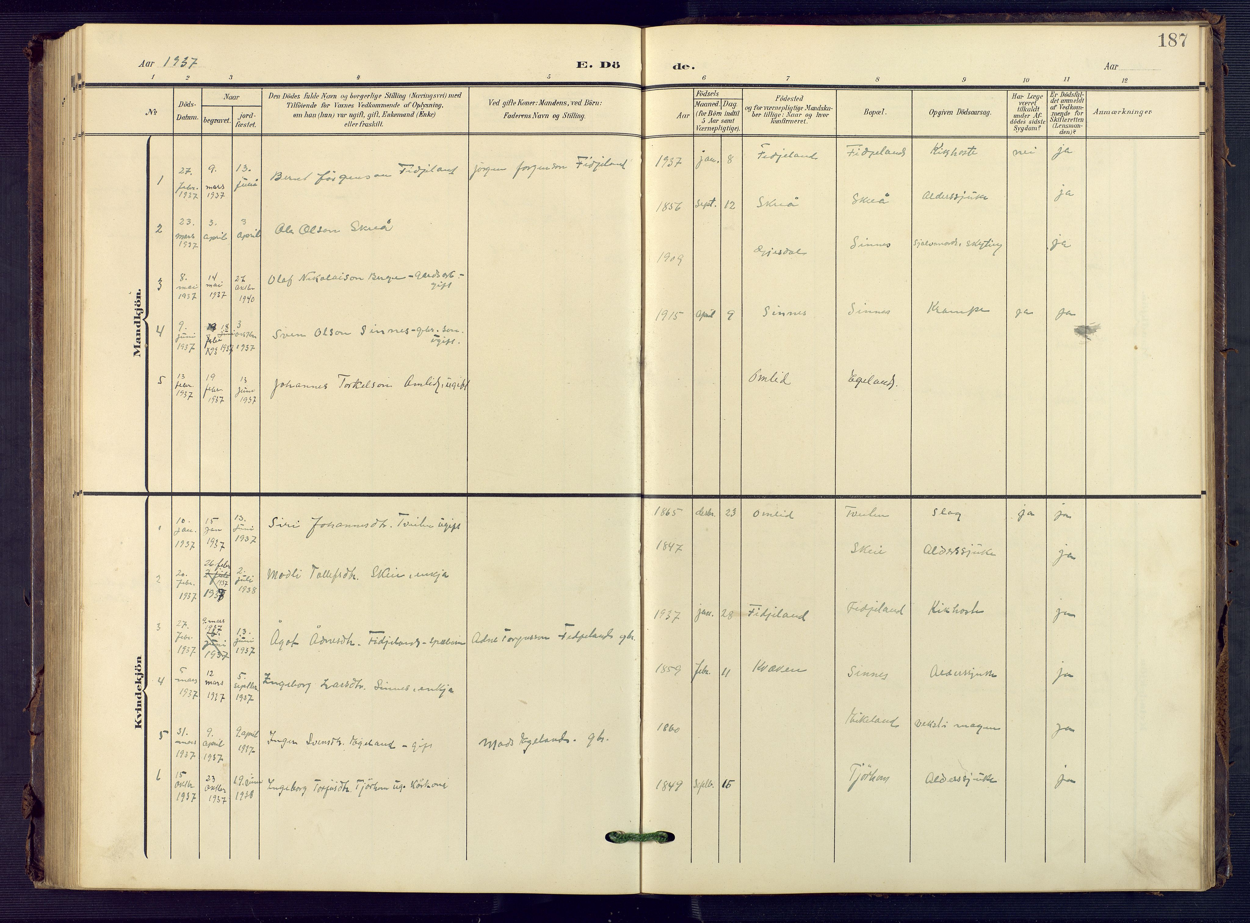 Sirdal sokneprestkontor, SAK/1111-0036/F/Fb/Fba/L0002: Parish register (copy) no. B 2, 1905-1958, p. 187
