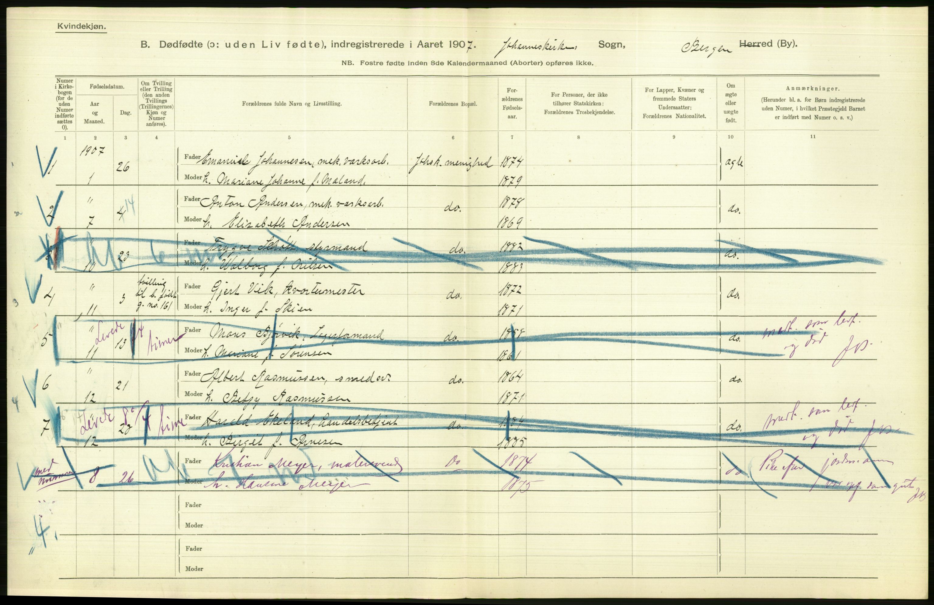 Statistisk sentralbyrå, Sosiodemografiske emner, Befolkning, AV/RA-S-2228/D/Df/Dfa/Dfae/L0031: Bergen: gifte, døde, dødfødte., 1907, p. 448