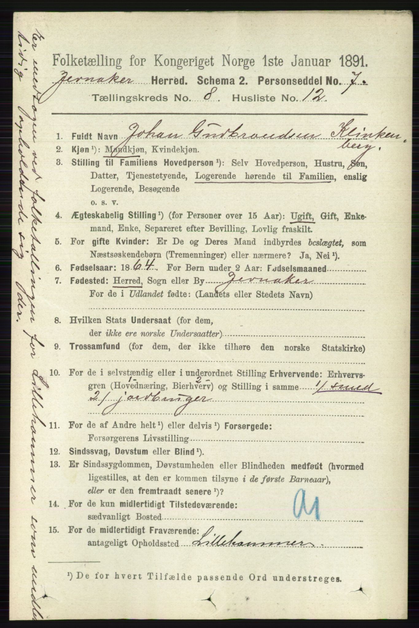 RA, 1891 census for 0532 Jevnaker, 1891, p. 4407