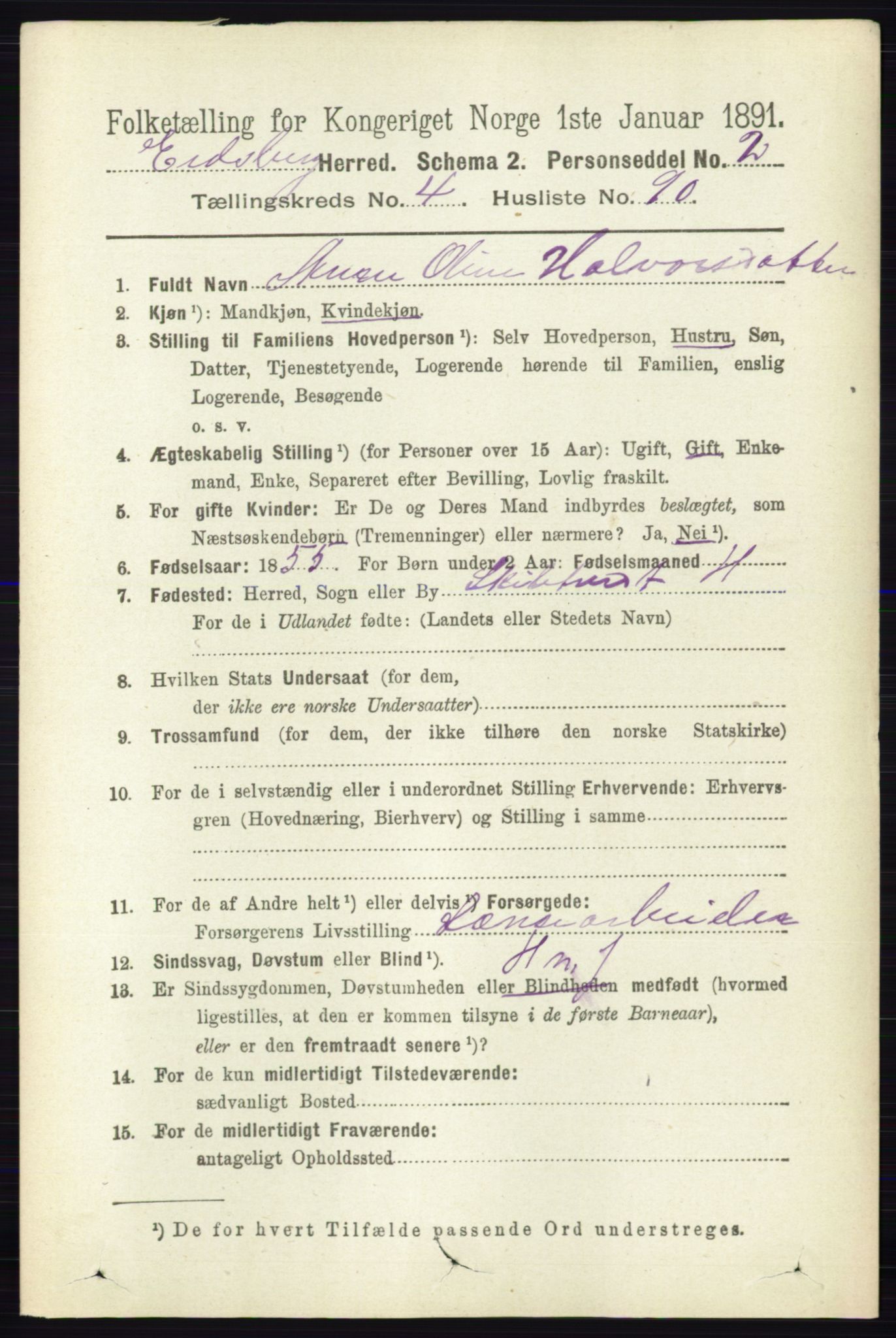 RA, 1891 census for 0125 Eidsberg, 1891, p. 2910