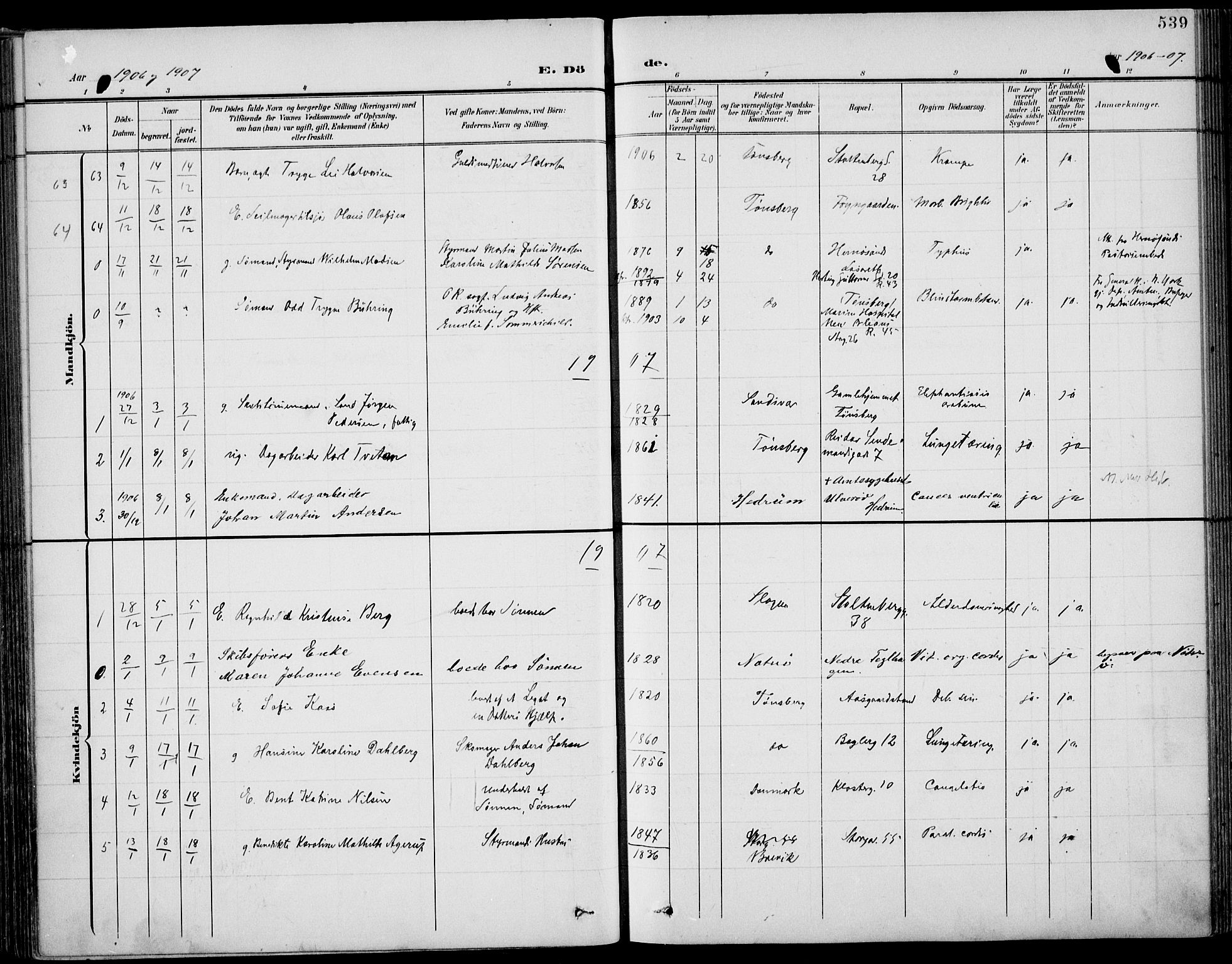 Tønsberg kirkebøker, AV/SAKO-A-330/F/Fa/L0013: Parish register (official) no. I 13, 1900-1913, p. 539