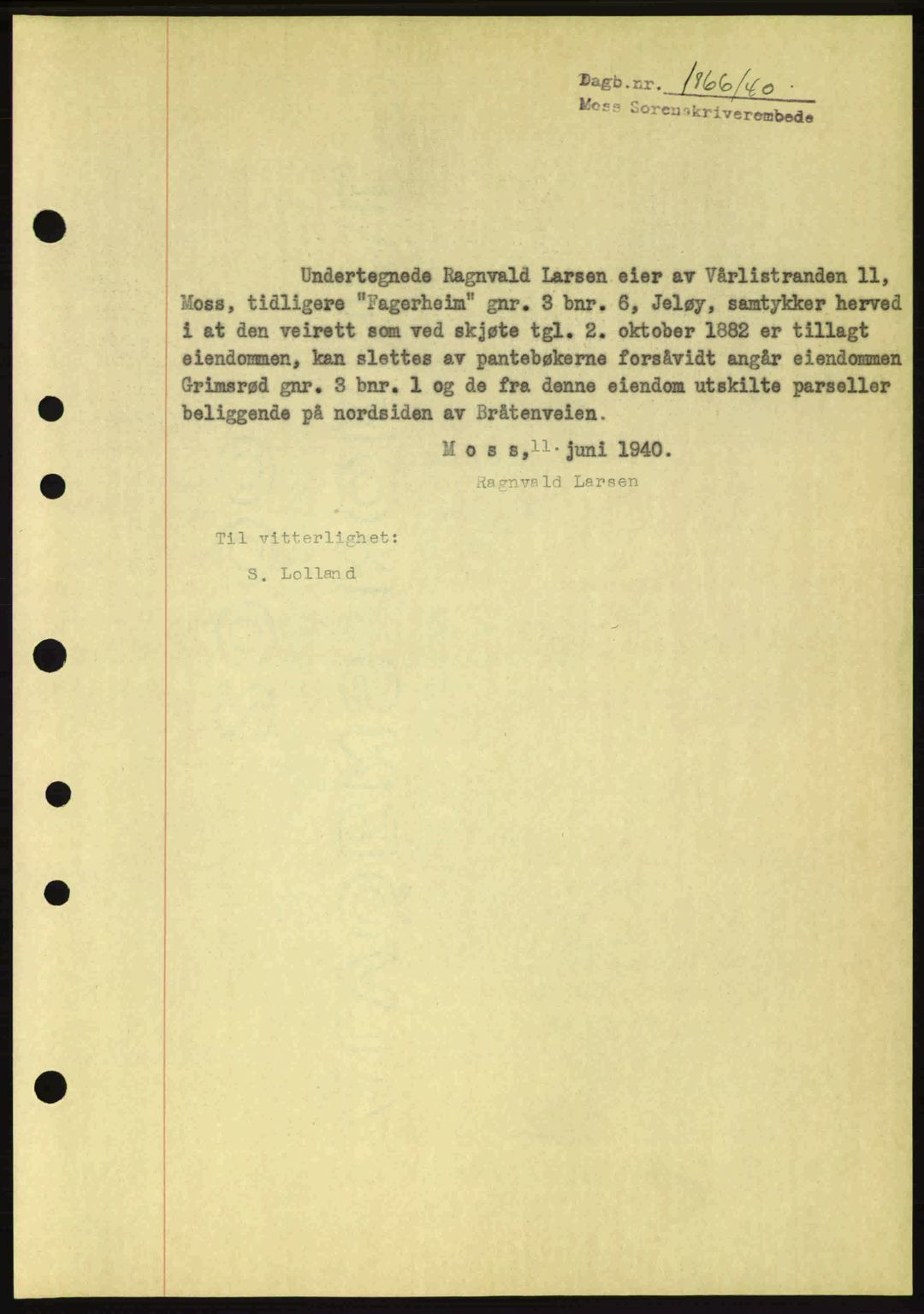 Moss sorenskriveri, AV/SAO-A-10168: Mortgage book no. B10, 1940-1941, Diary no: : 1866/1940