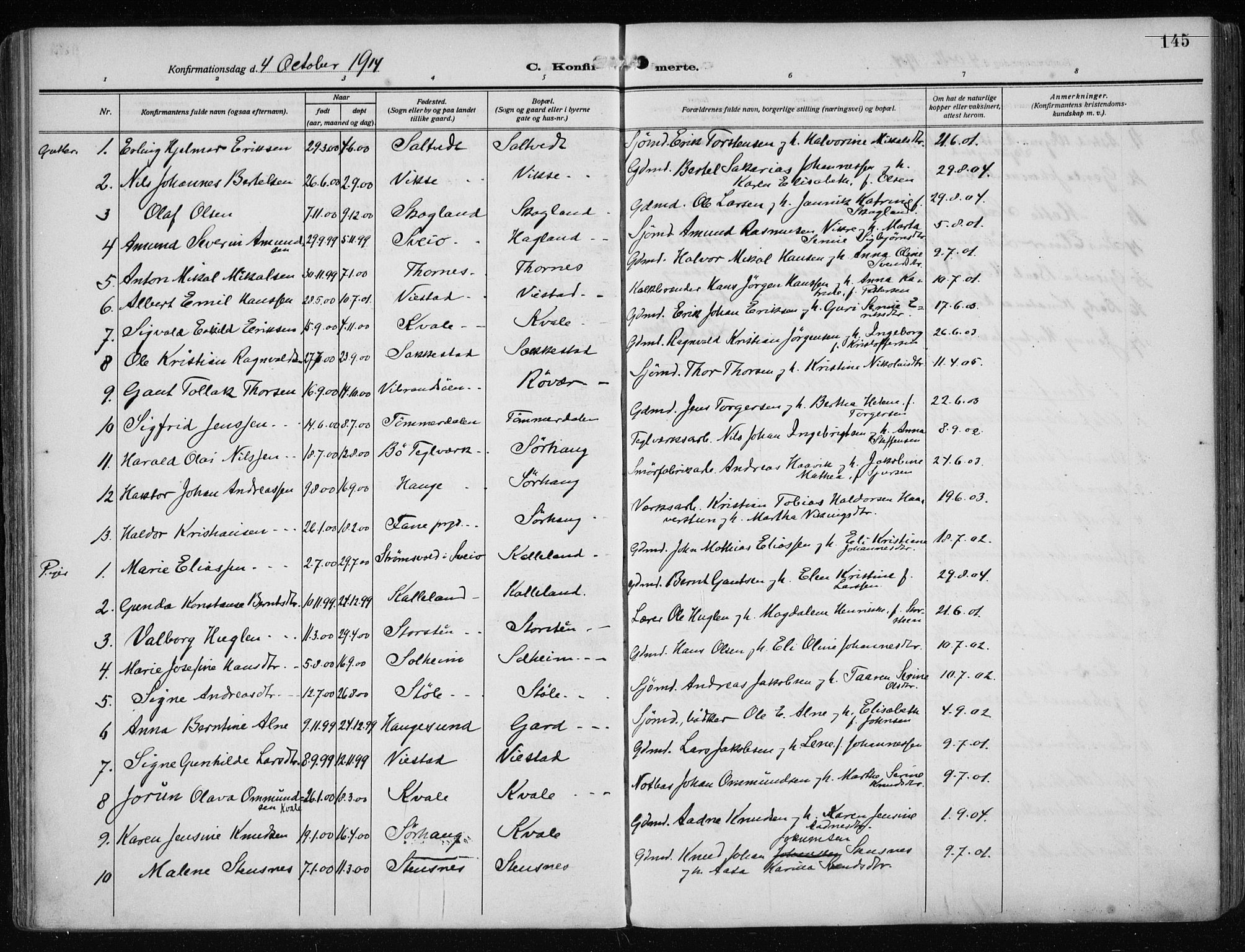 Haugesund sokneprestkontor, SAST/A -101863/H/Ha/Haa/L0010: Parish register (official) no. A 10, 1909-1935, p. 145