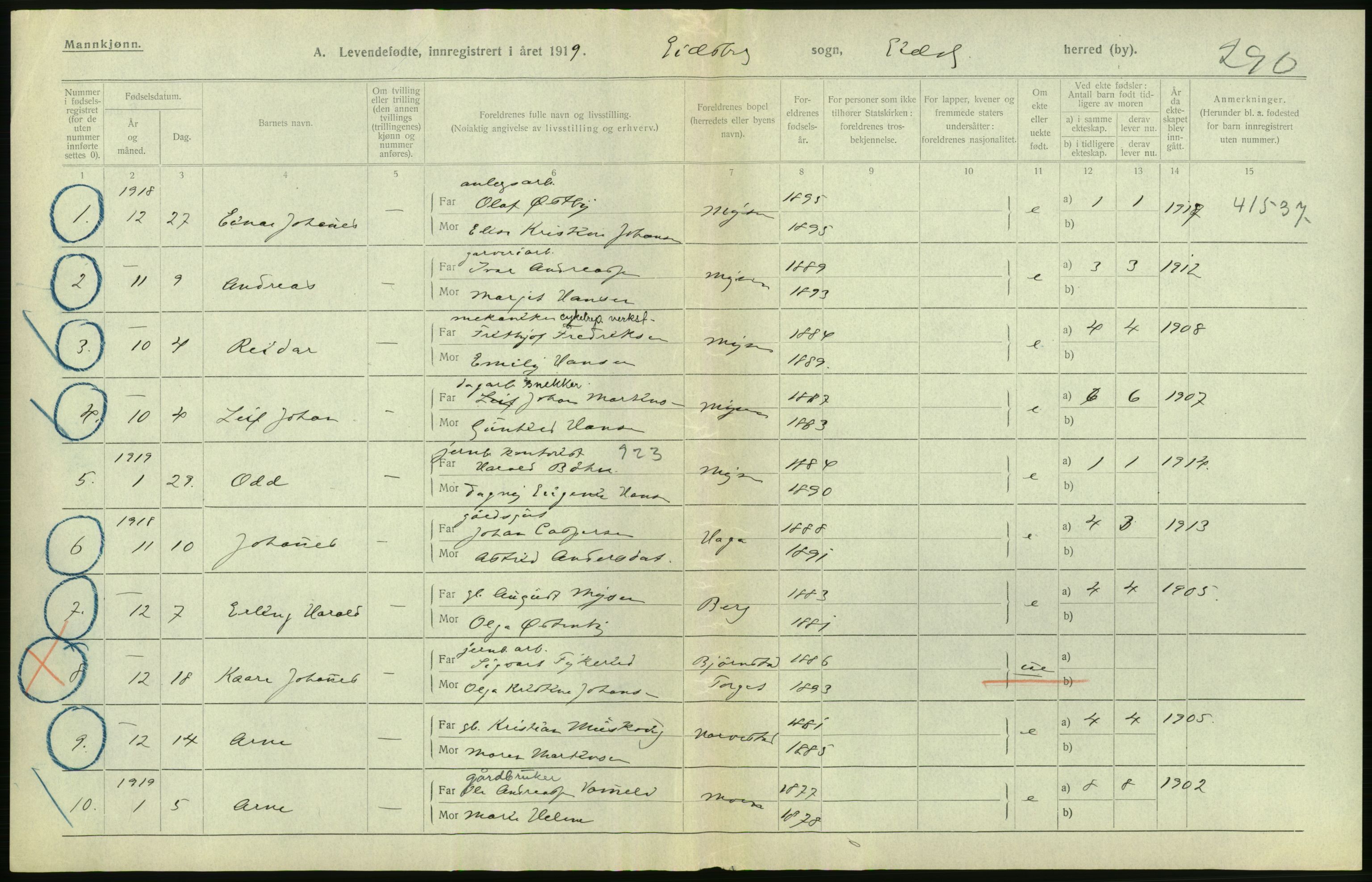 Statistisk sentralbyrå, Sosiodemografiske emner, Befolkning, RA/S-2228/D/Df/Dfb/Dfbi/L0001: Østfold fylke: Levendefødte menn og kvinner. Bygder., 1919, p. 548