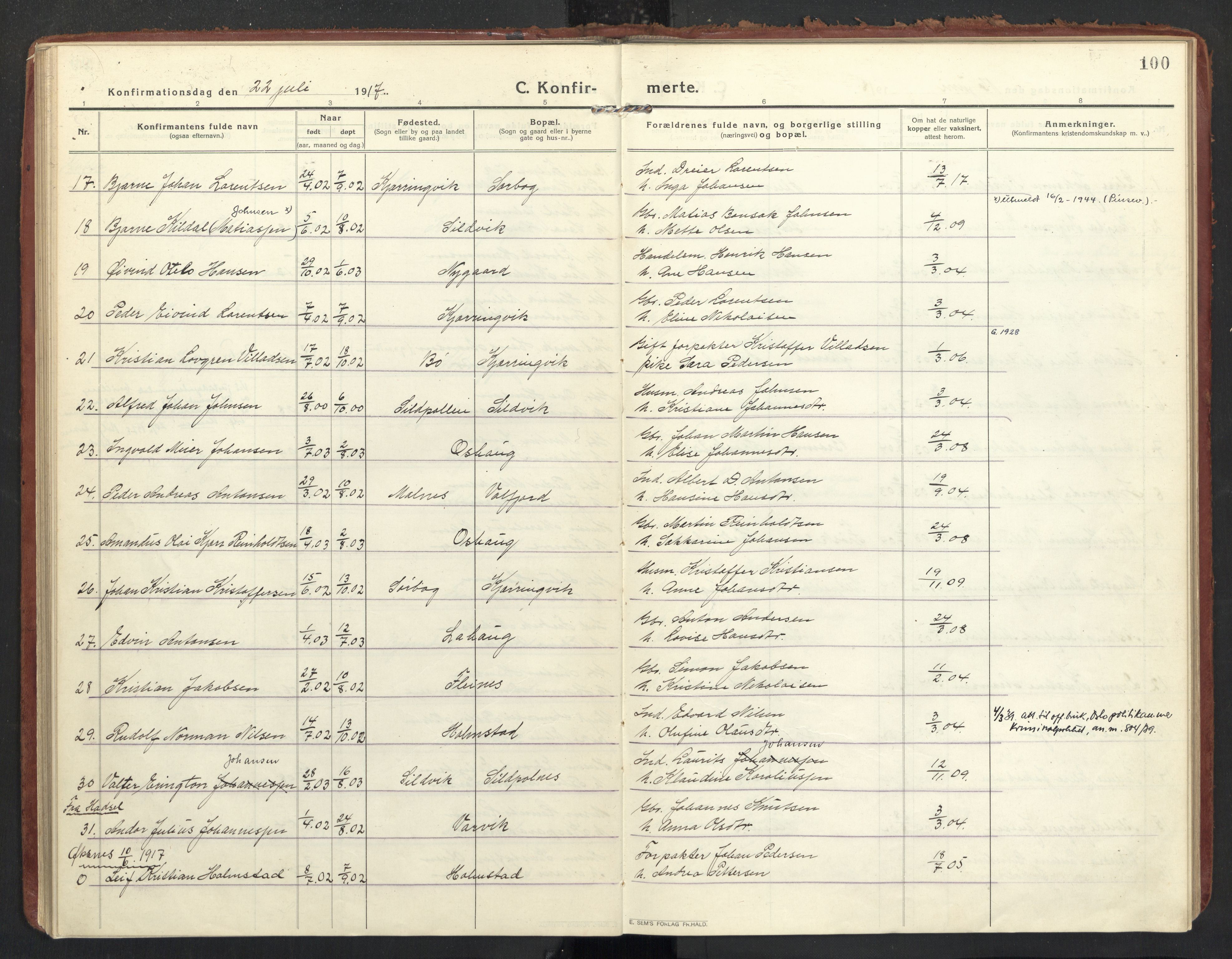 Ministerialprotokoller, klokkerbøker og fødselsregistre - Nordland, AV/SAT-A-1459/890/L1288: Parish register (official) no. 890A03, 1915-1925, p. 100