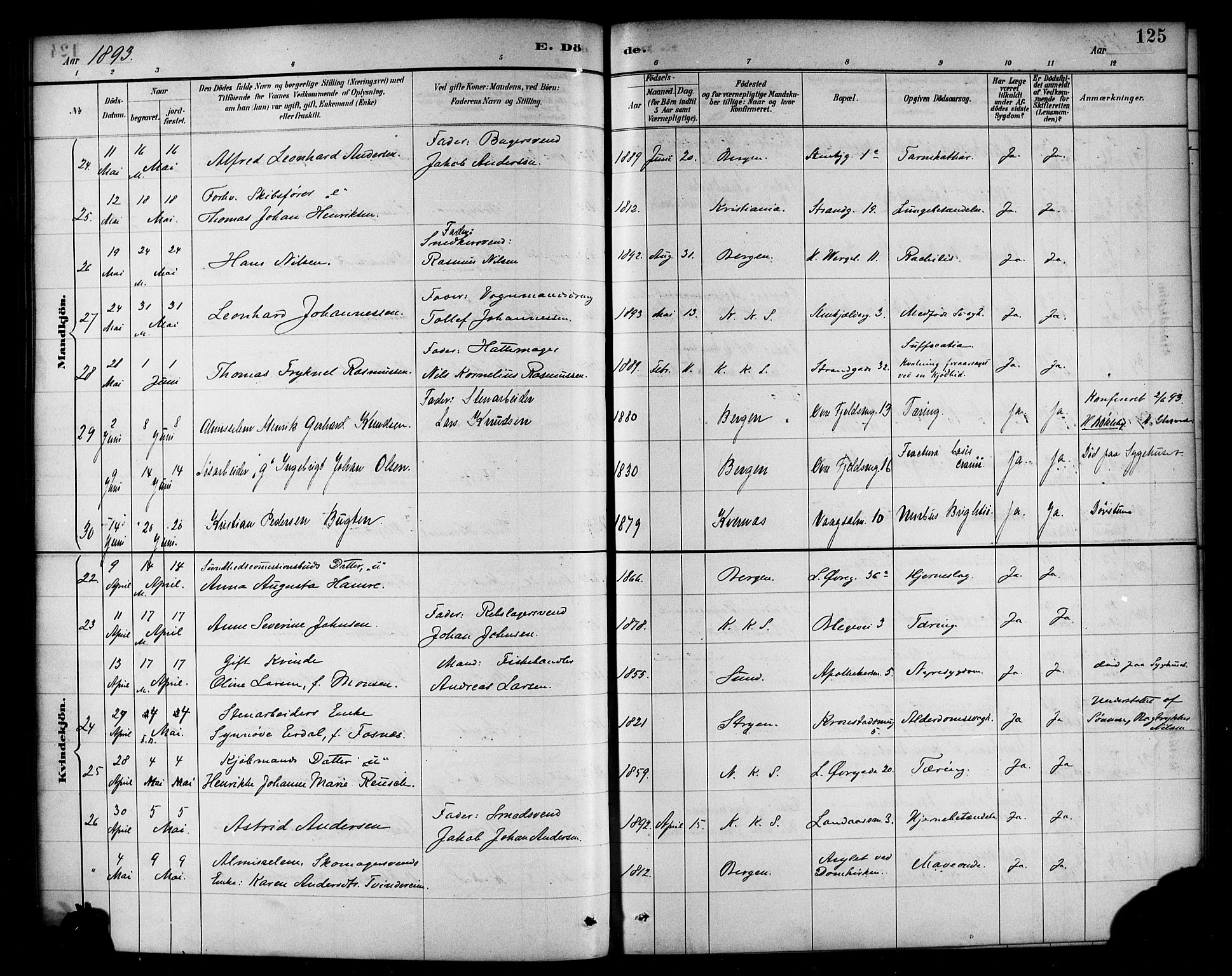Korskirken sokneprestembete, SAB/A-76101/H/Haa/L0047: Parish register (official) no. E 5, 1884-1910, p. 125