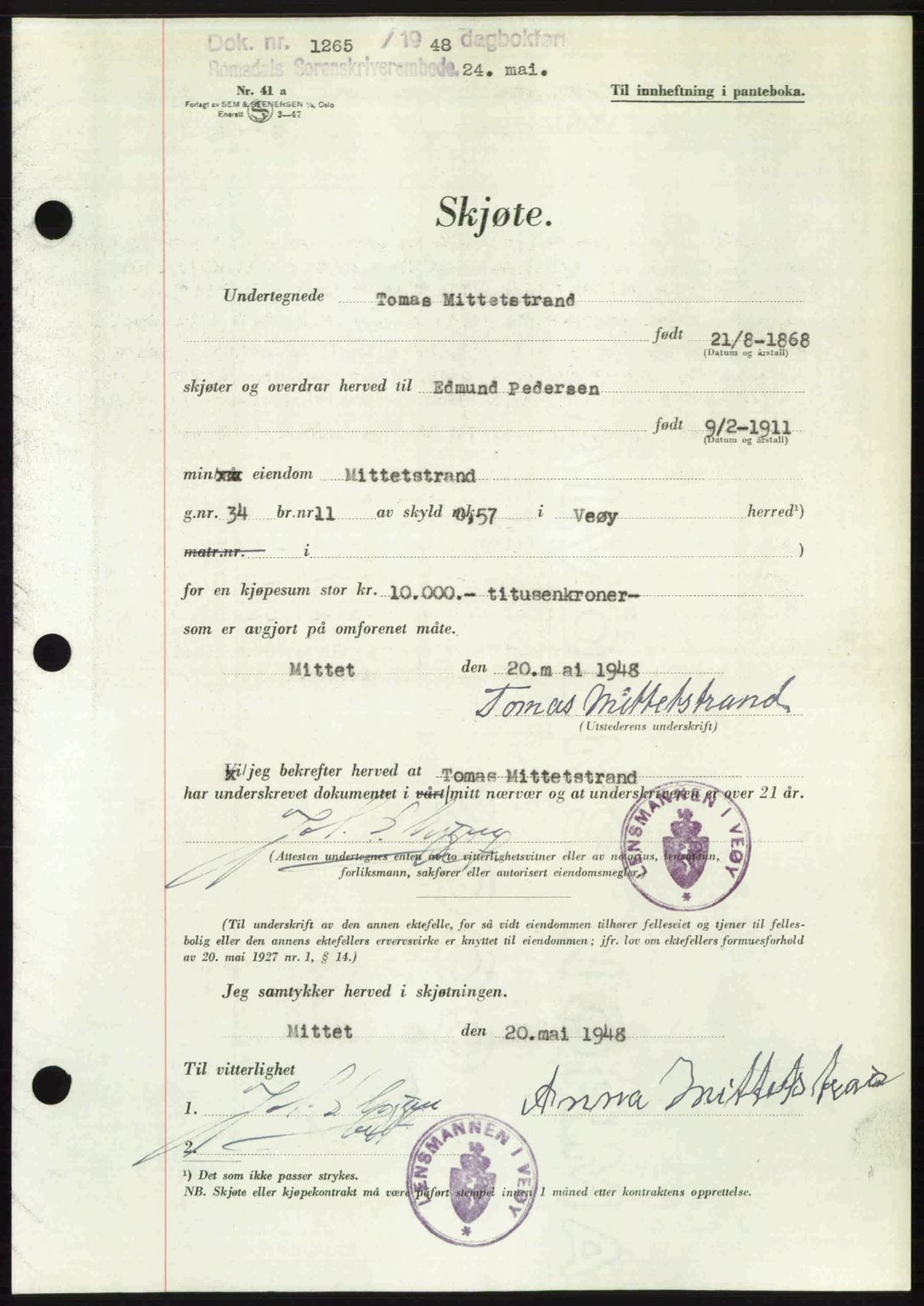 Romsdal sorenskriveri, AV/SAT-A-4149/1/2/2C: Mortgage book no. A26, 1948-1948, Diary no: : 1265/1948