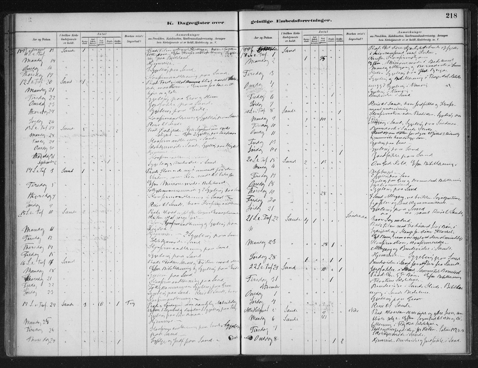 Sand sokneprestkontor, AV/SAST-A-101848/01/III/L0005: Parish register (official) no. A 5, 1880-1898, p. 218