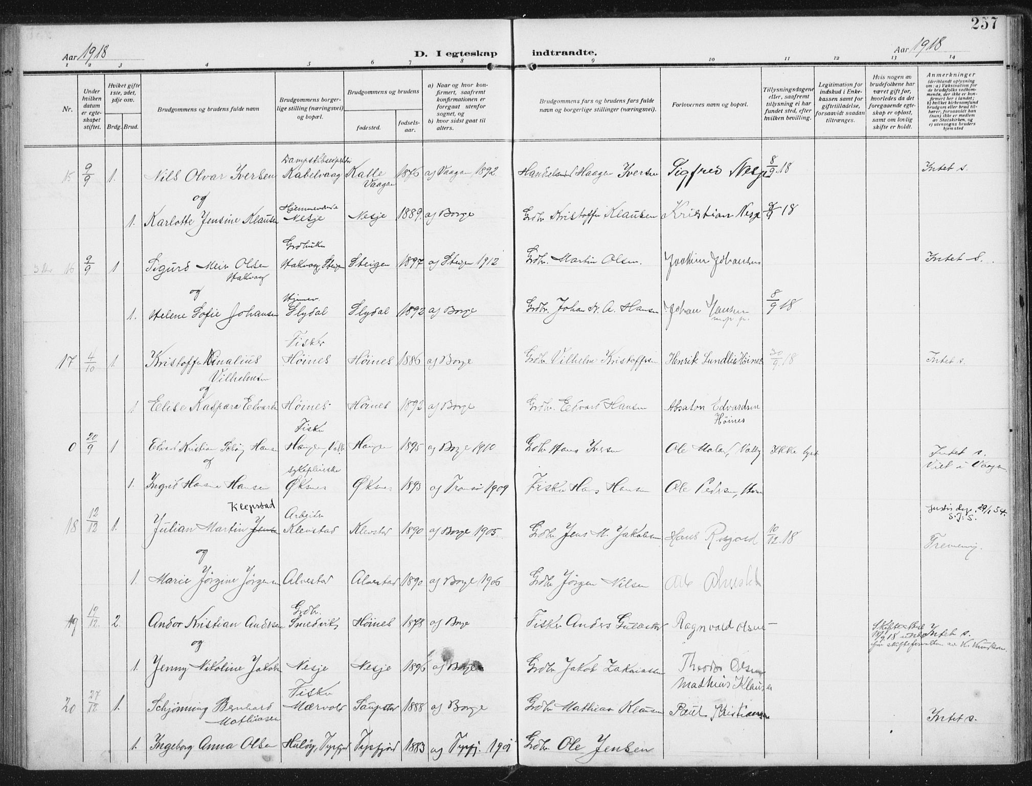 Ministerialprotokoller, klokkerbøker og fødselsregistre - Nordland, SAT/A-1459/880/L1135: Parish register (official) no. 880A09, 1908-1919, p. 257
