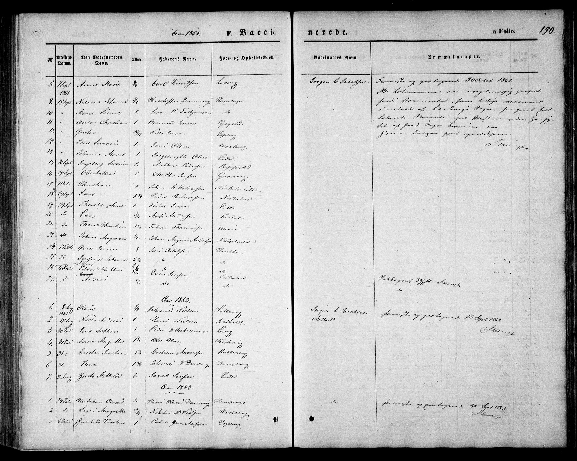 Hommedal sokneprestkontor, SAK/1111-0023/F/Fa/Faa/L0002: Parish register (official) no. A 2, 1861-1884, p. 150