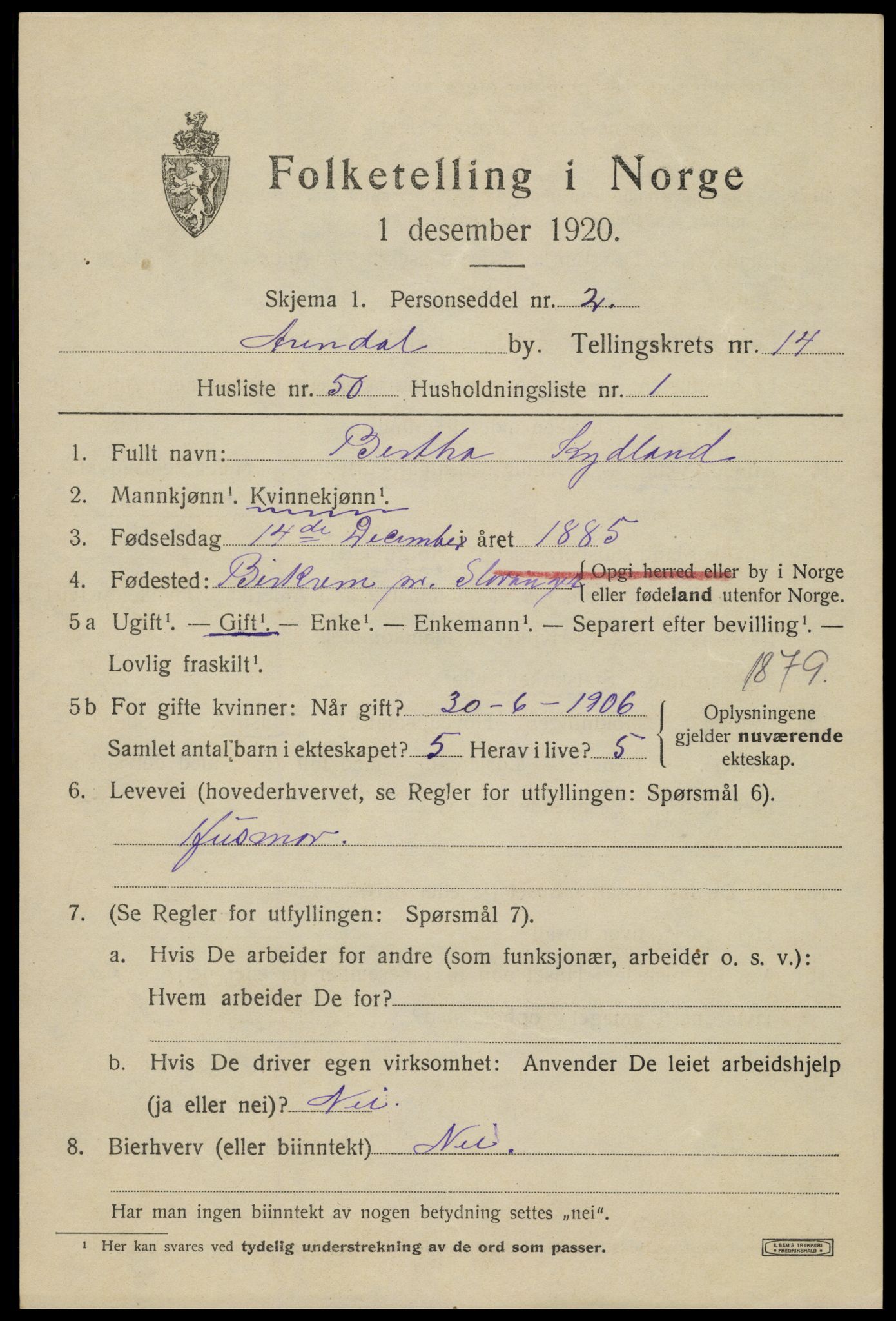 SAK, 1920 census for Arendal, 1920, p. 21630