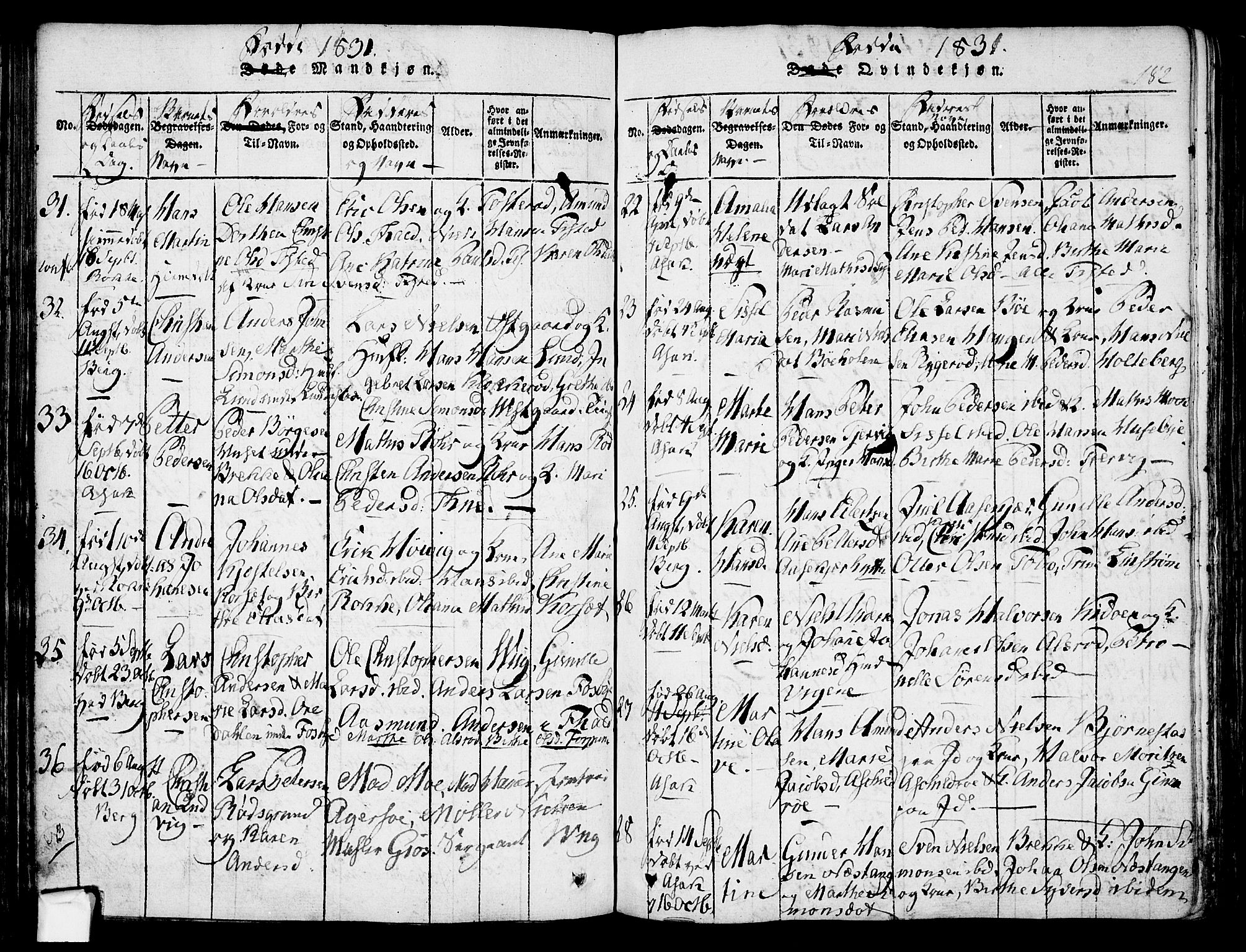 Berg prestekontor Kirkebøker, AV/SAO-A-10902/F/Fa/L0002: Parish register (official) no. I 2, 1815-1831, p. 182