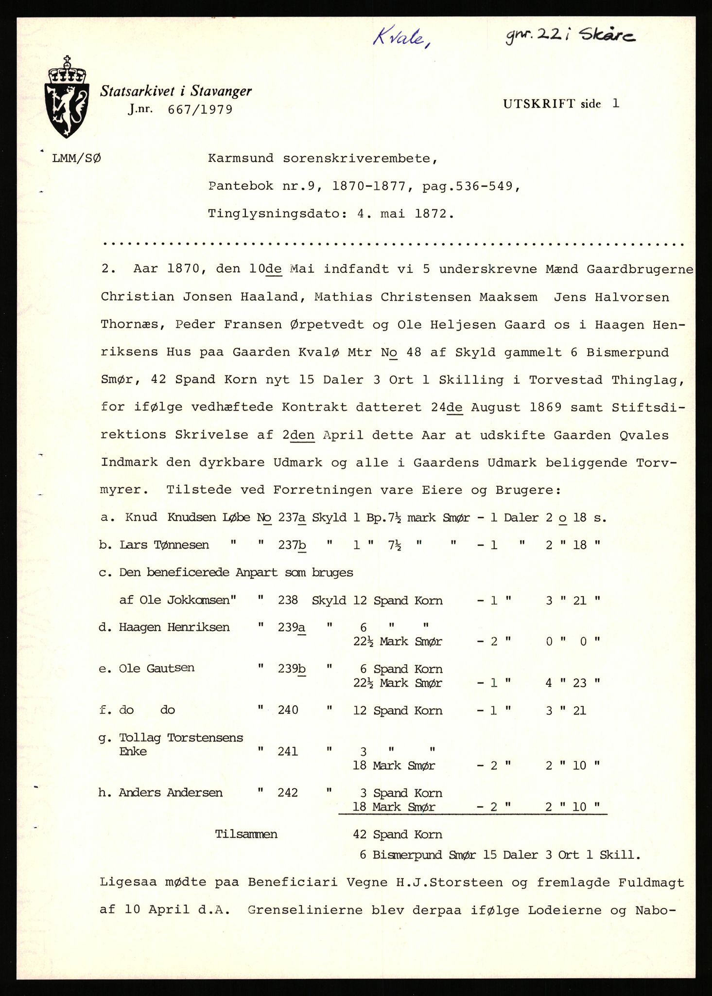 Statsarkivet i Stavanger, SAST/A-101971/03/Y/Yj/L0049: Avskrifter sortert etter gårdsnavn: Kro - Kvamme, 1750-1930, p. 229