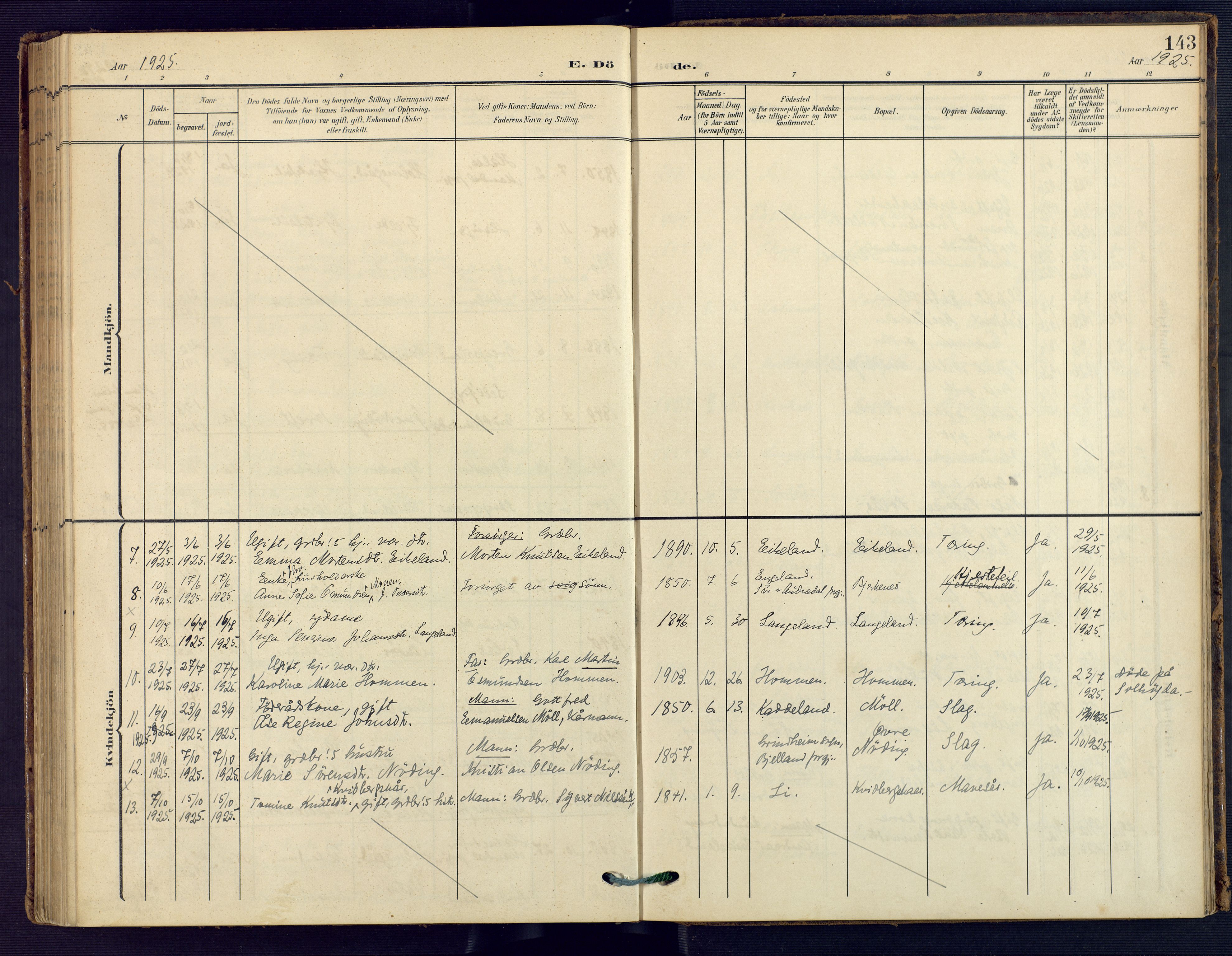 Holum sokneprestkontor, SAK/1111-0022/F/Fa/Faa/L0008: Parish register (official) no. A 8, 1908-1929, p. 143