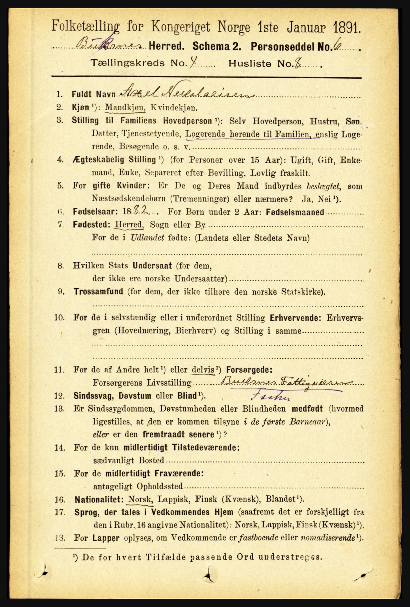 RA, 1891 census for 1860 Buksnes, 1891, p. 3068