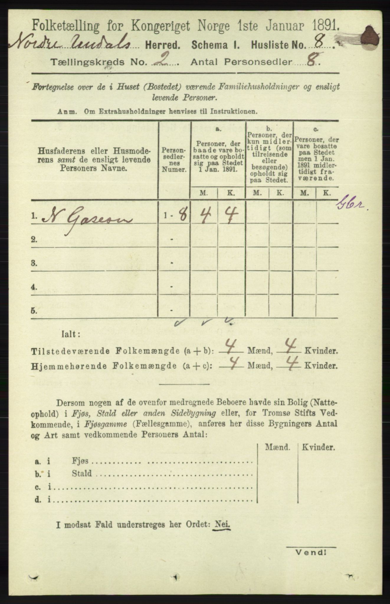 RA, 1891 census for 1028 Nord-Audnedal, 1891, p. 287