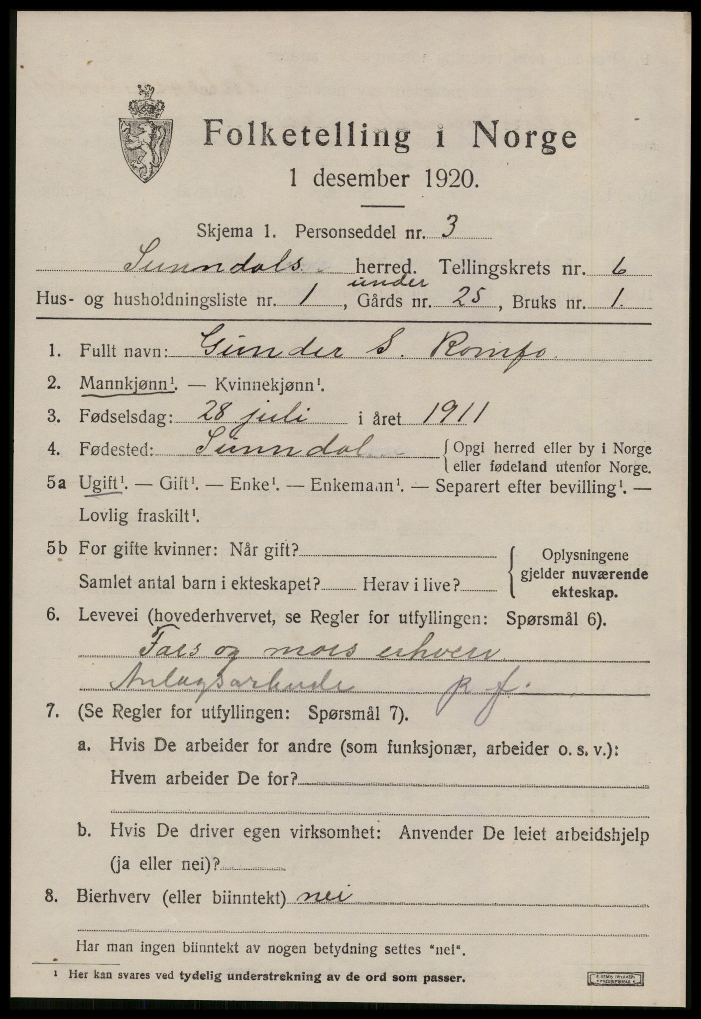 SAT, 1920 census for Sunndal, 1920, p. 3568