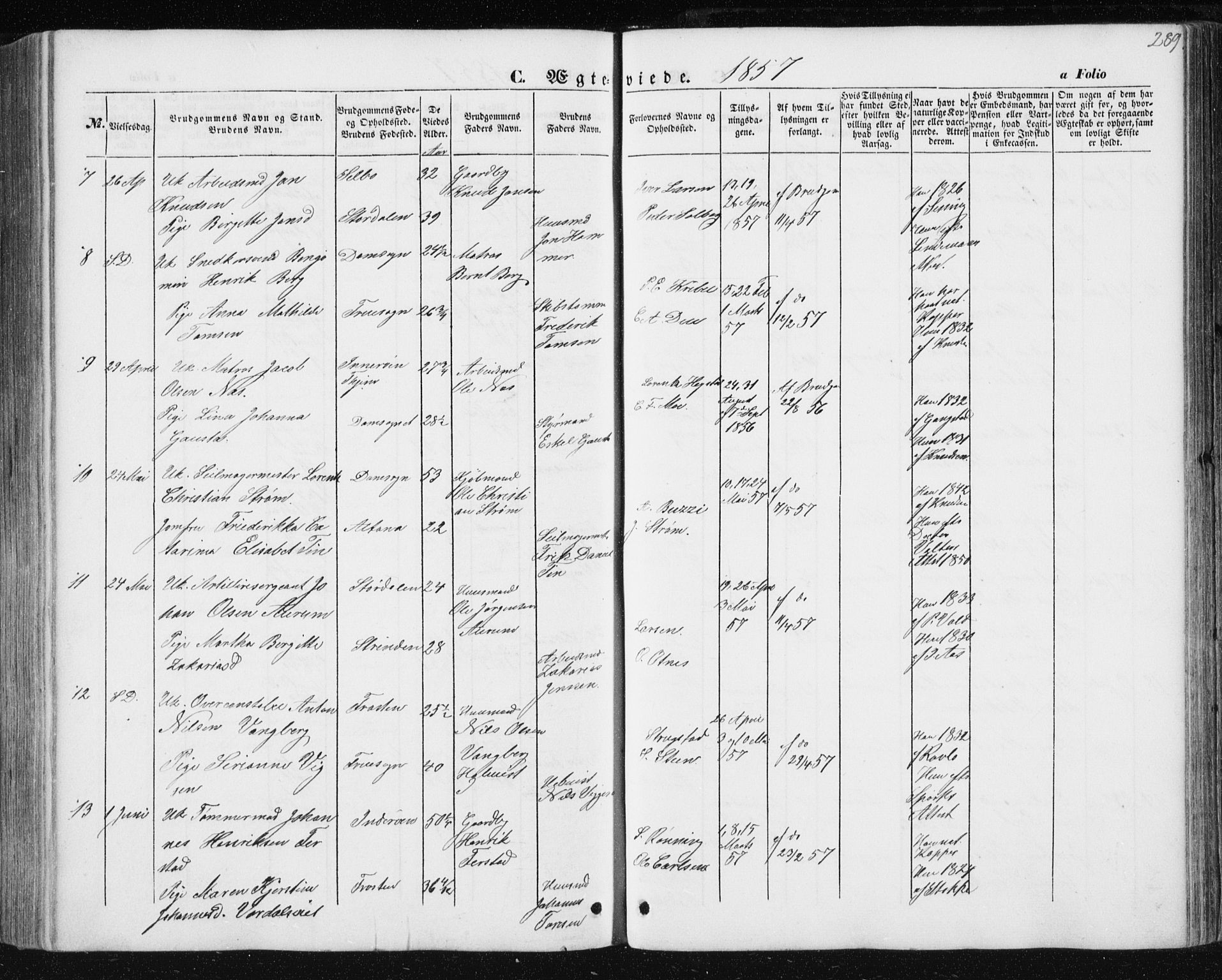 Ministerialprotokoller, klokkerbøker og fødselsregistre - Sør-Trøndelag, AV/SAT-A-1456/602/L0112: Parish register (official) no. 602A10, 1848-1859, p. 289