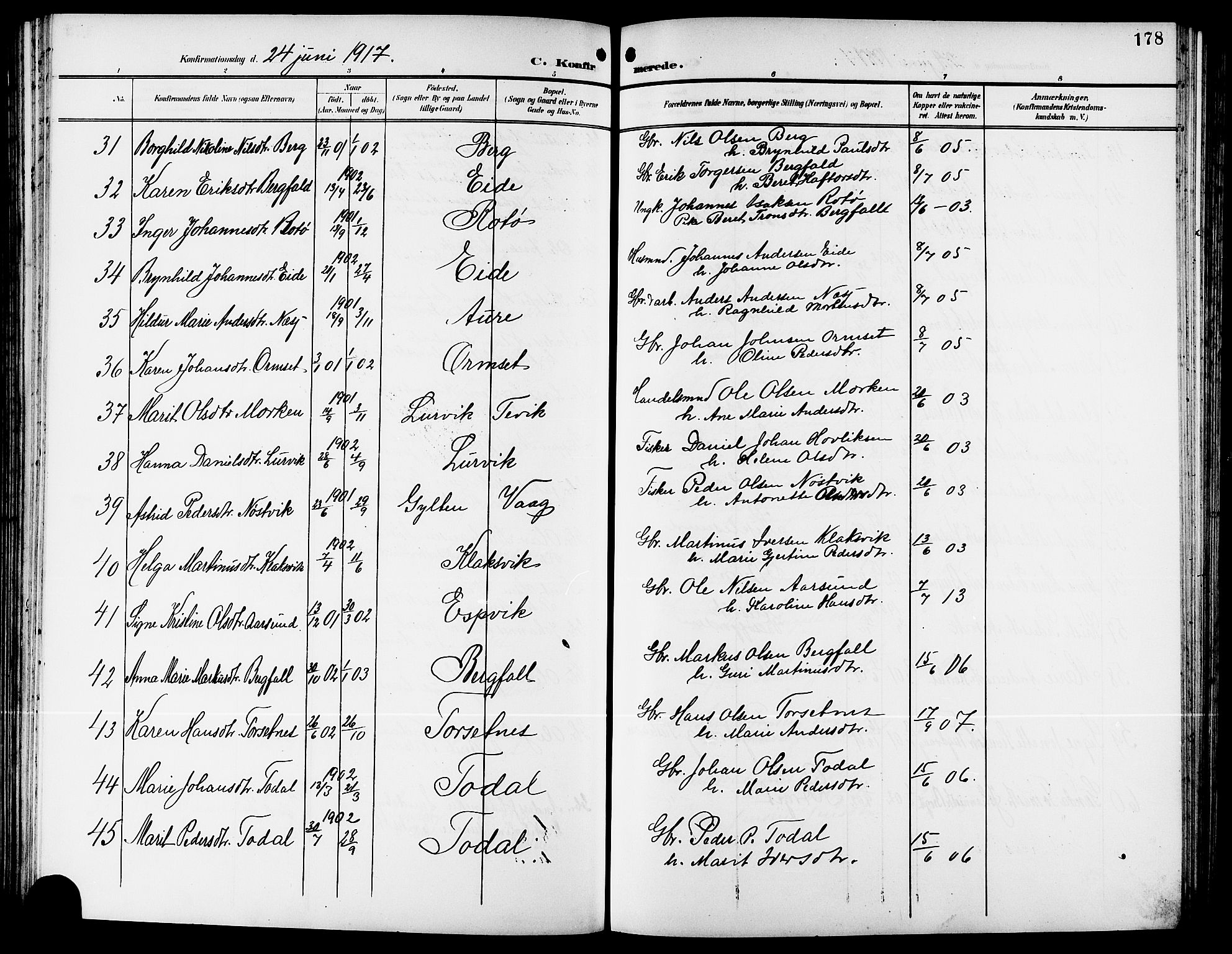 Ministerialprotokoller, klokkerbøker og fødselsregistre - Møre og Romsdal, AV/SAT-A-1454/578/L0910: Parish register (copy) no. 578C03, 1900-1921, p. 178