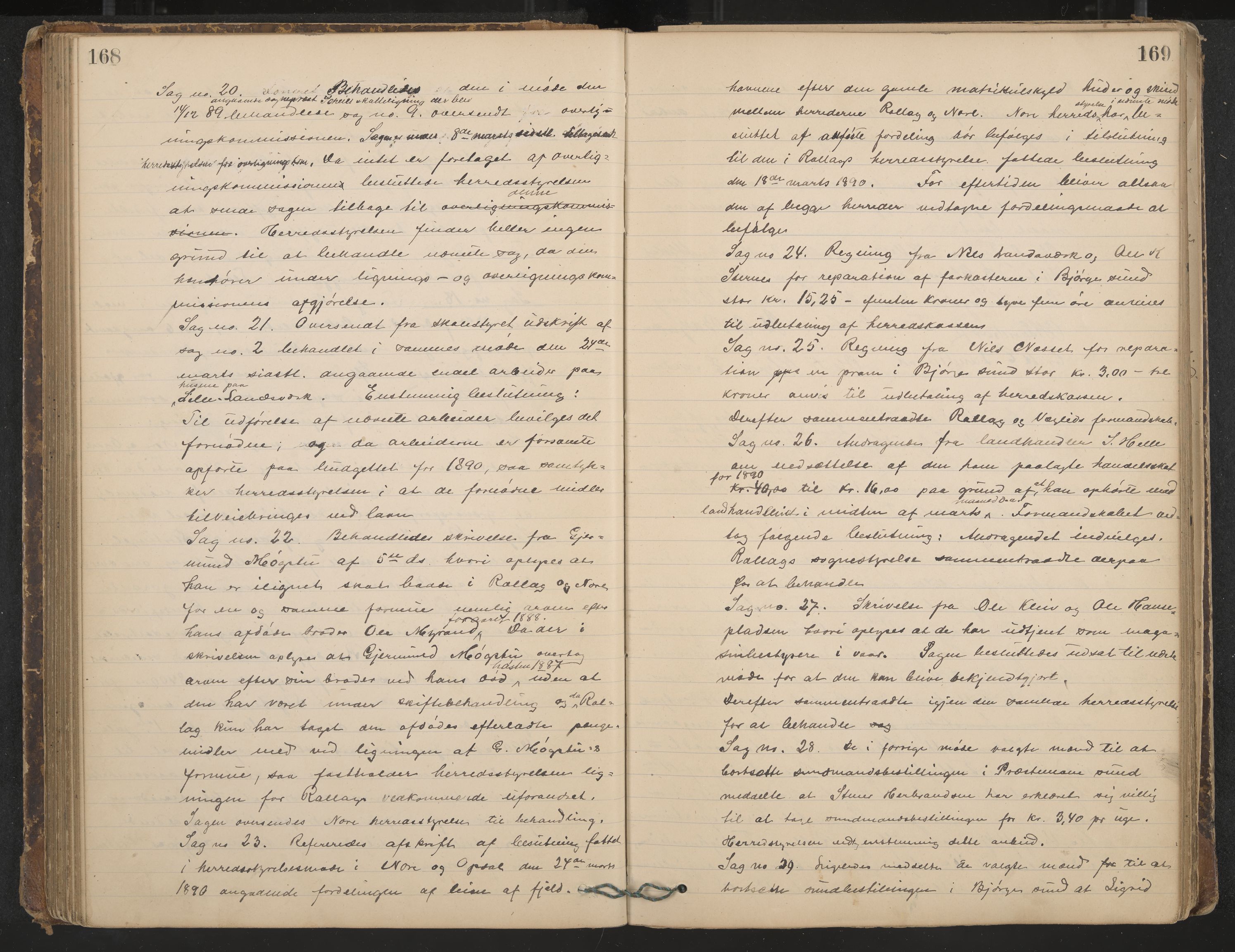 Rollag formannskap og sentraladministrasjon, IKAK/0632021-2/A/Aa/L0003: Møtebok, 1884-1897, p. 168-169