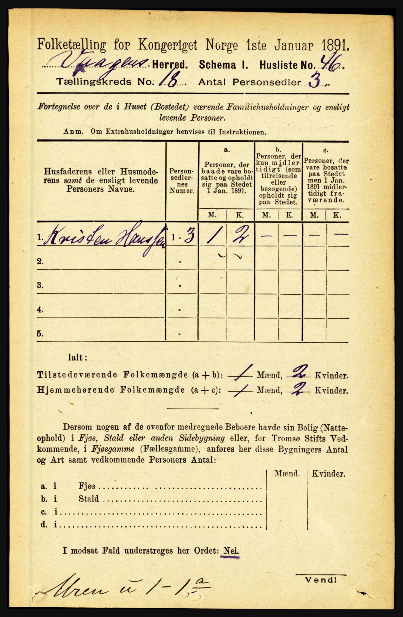 RA, 1891 census for 1865 Vågan, 1891, p. 5117