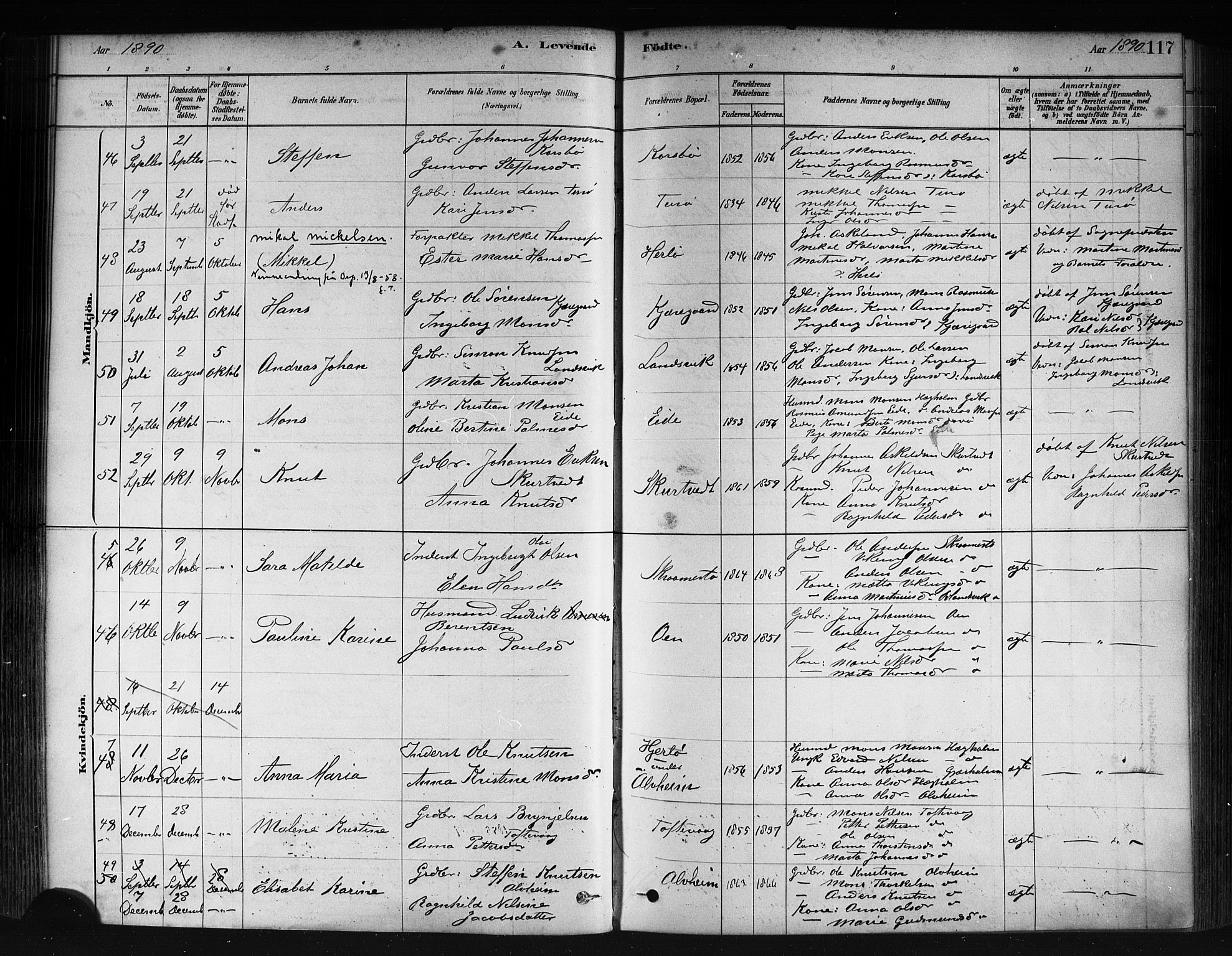 Herdla Sokneprestembete, SAB/A-75701/H/Haa: Parish register (official) no. A 3, 1878-1890, p. 117