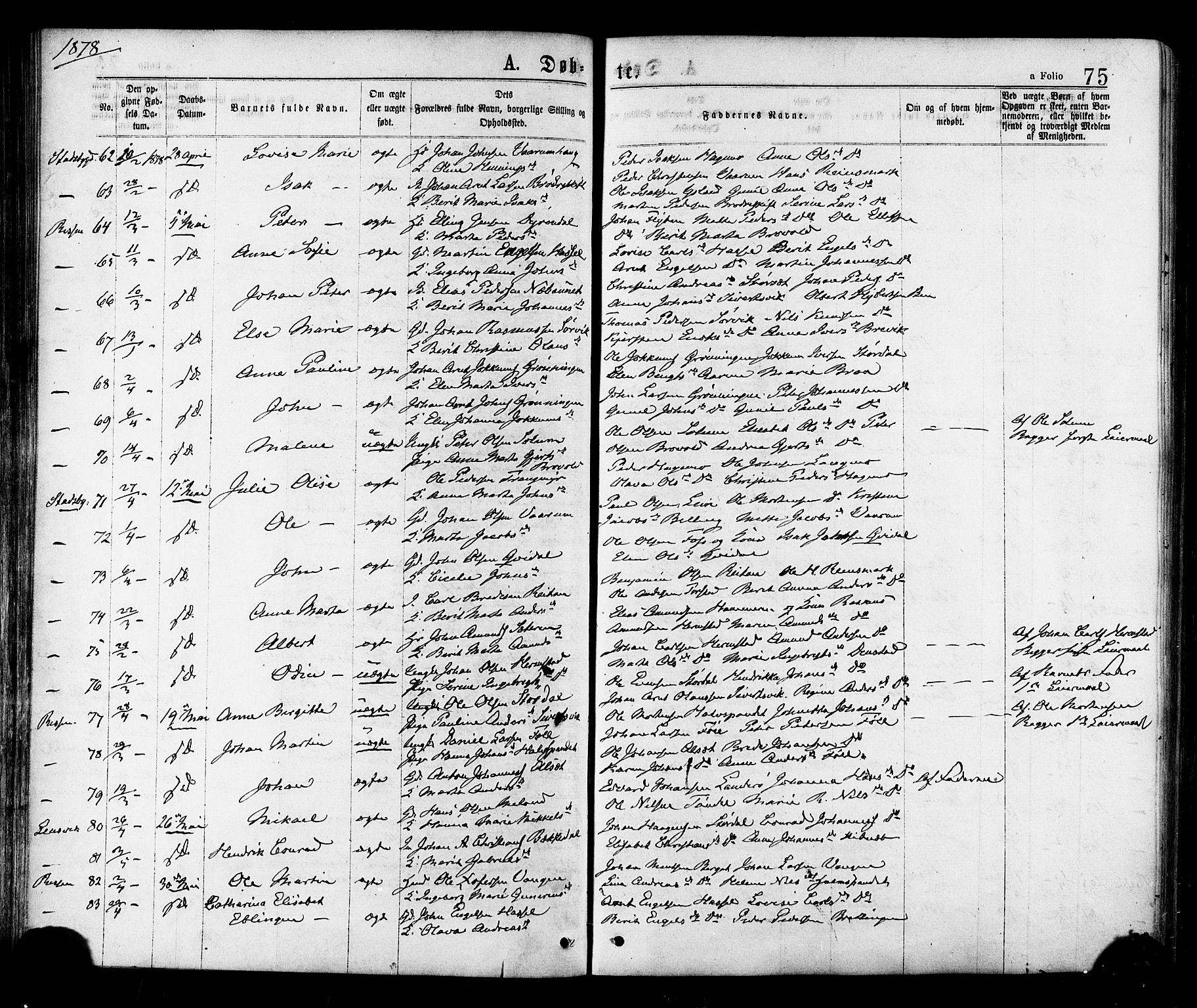 Ministerialprotokoller, klokkerbøker og fødselsregistre - Sør-Trøndelag, AV/SAT-A-1456/646/L0613: Parish register (official) no. 646A11, 1870-1884, p. 75