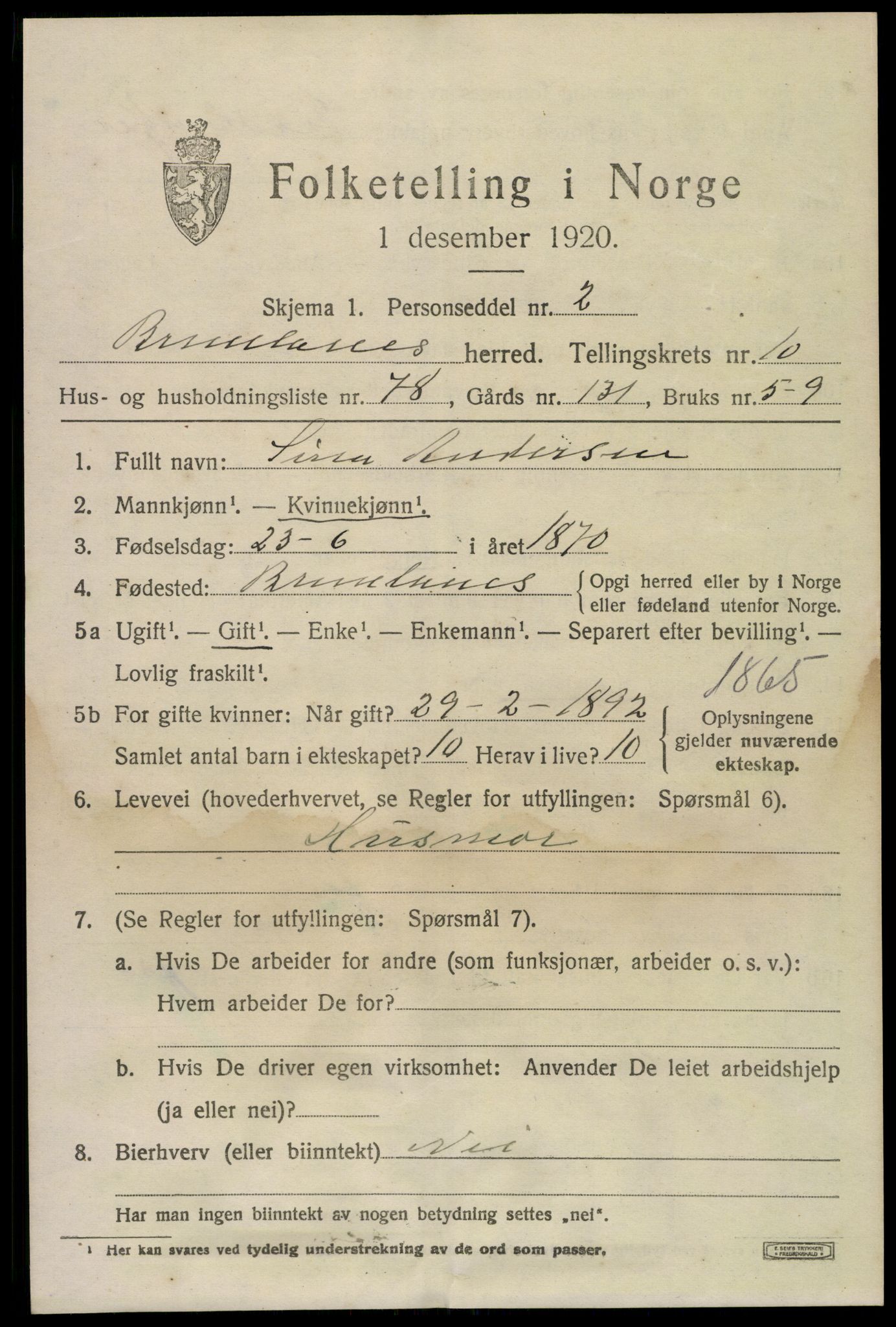 SAKO, 1920 census for Brunlanes, 1920, p. 9253