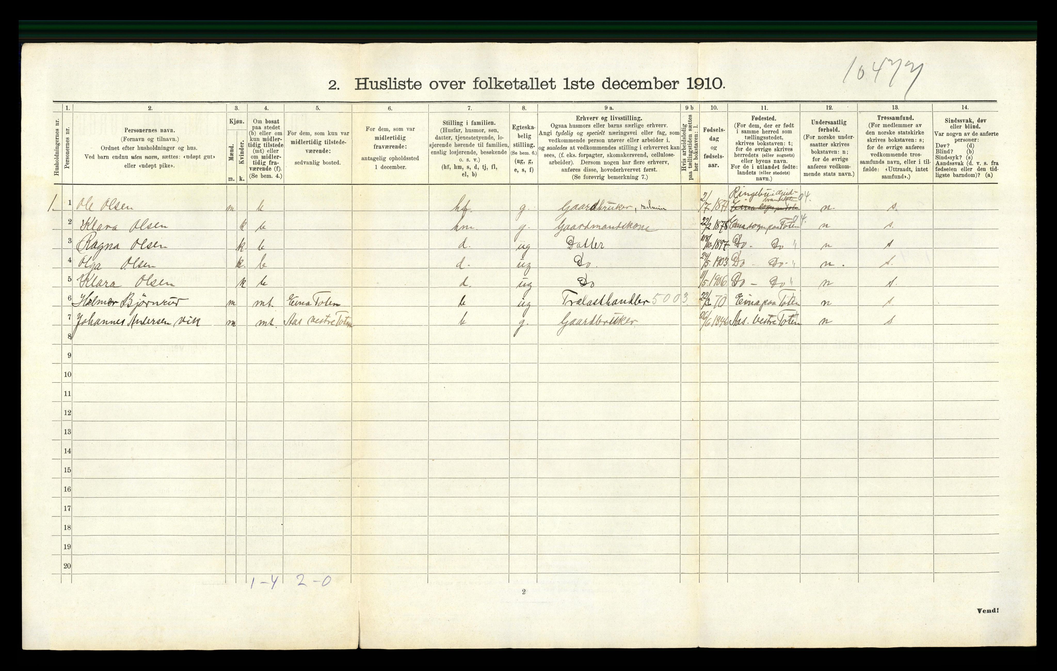 RA, 1910 census for Ramnes, 1910, p. 587