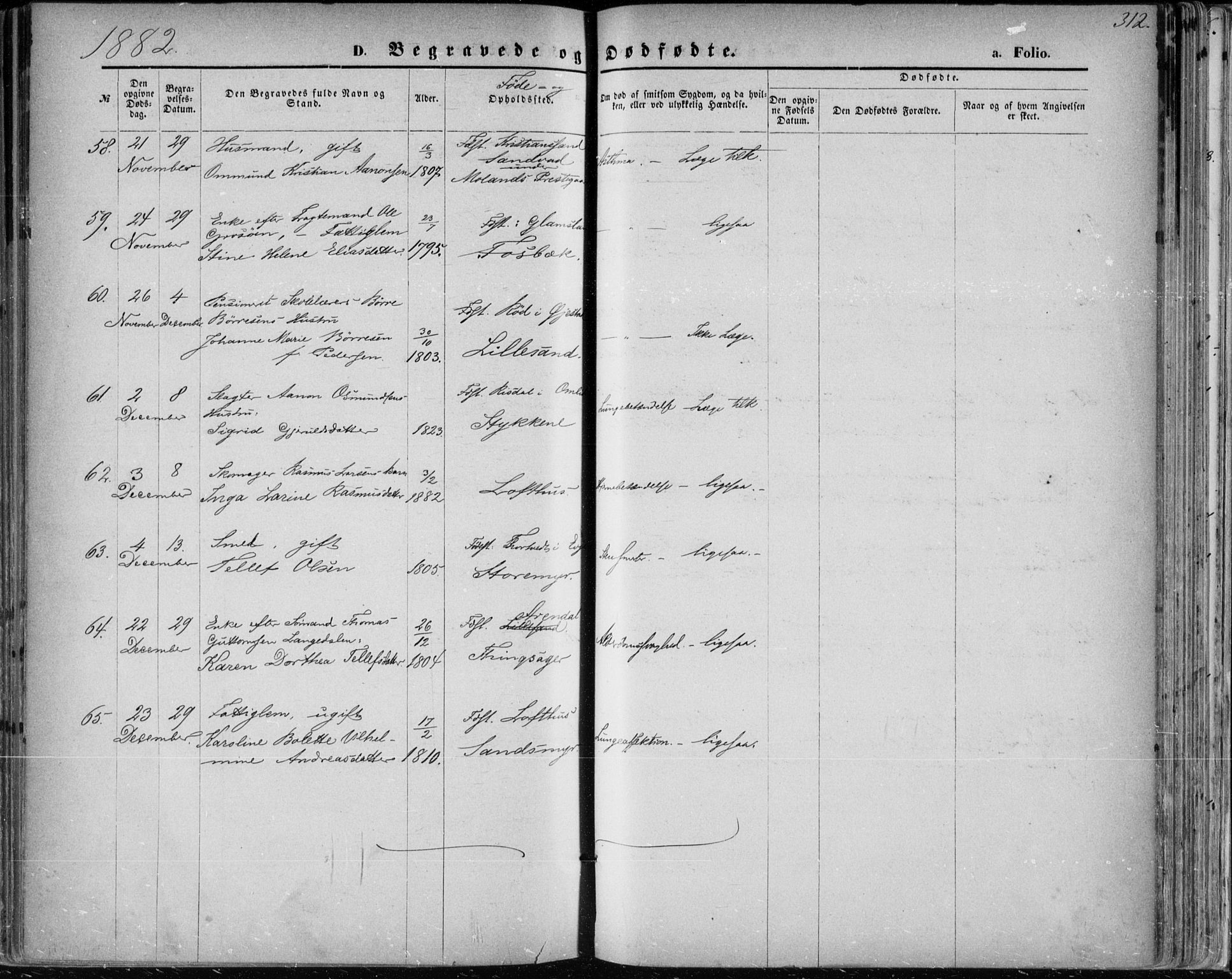 Vestre Moland sokneprestkontor, AV/SAK-1111-0046/F/Fa/Fab/L0008: Parish register (official) no. A 8, 1873-1883, p. 312