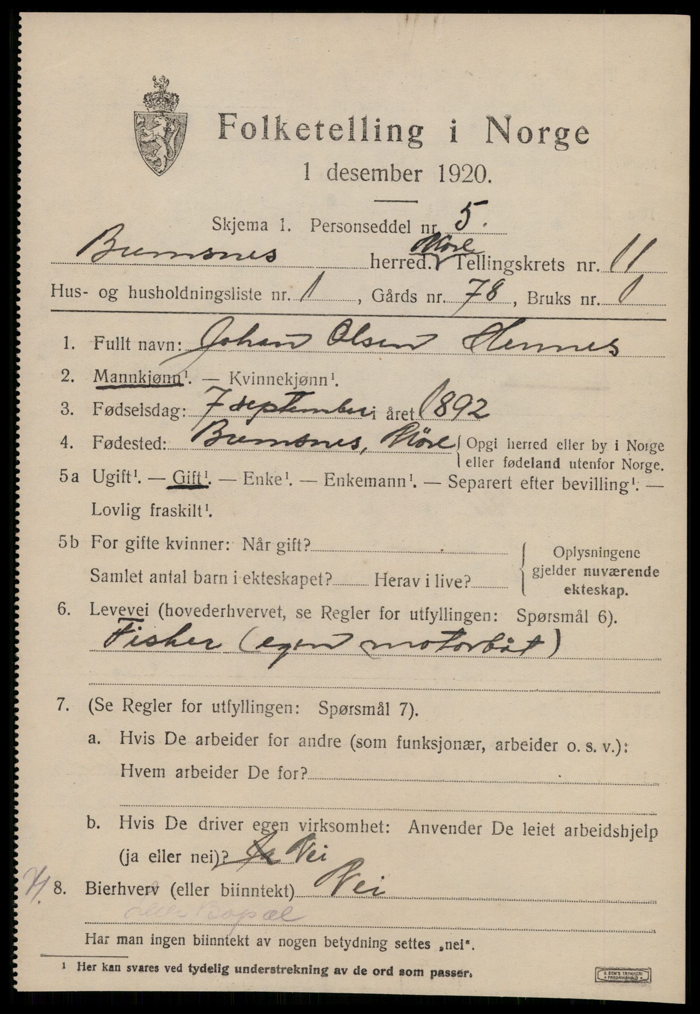 SAT, 1920 census for Bremsnes, 1920, p. 9309