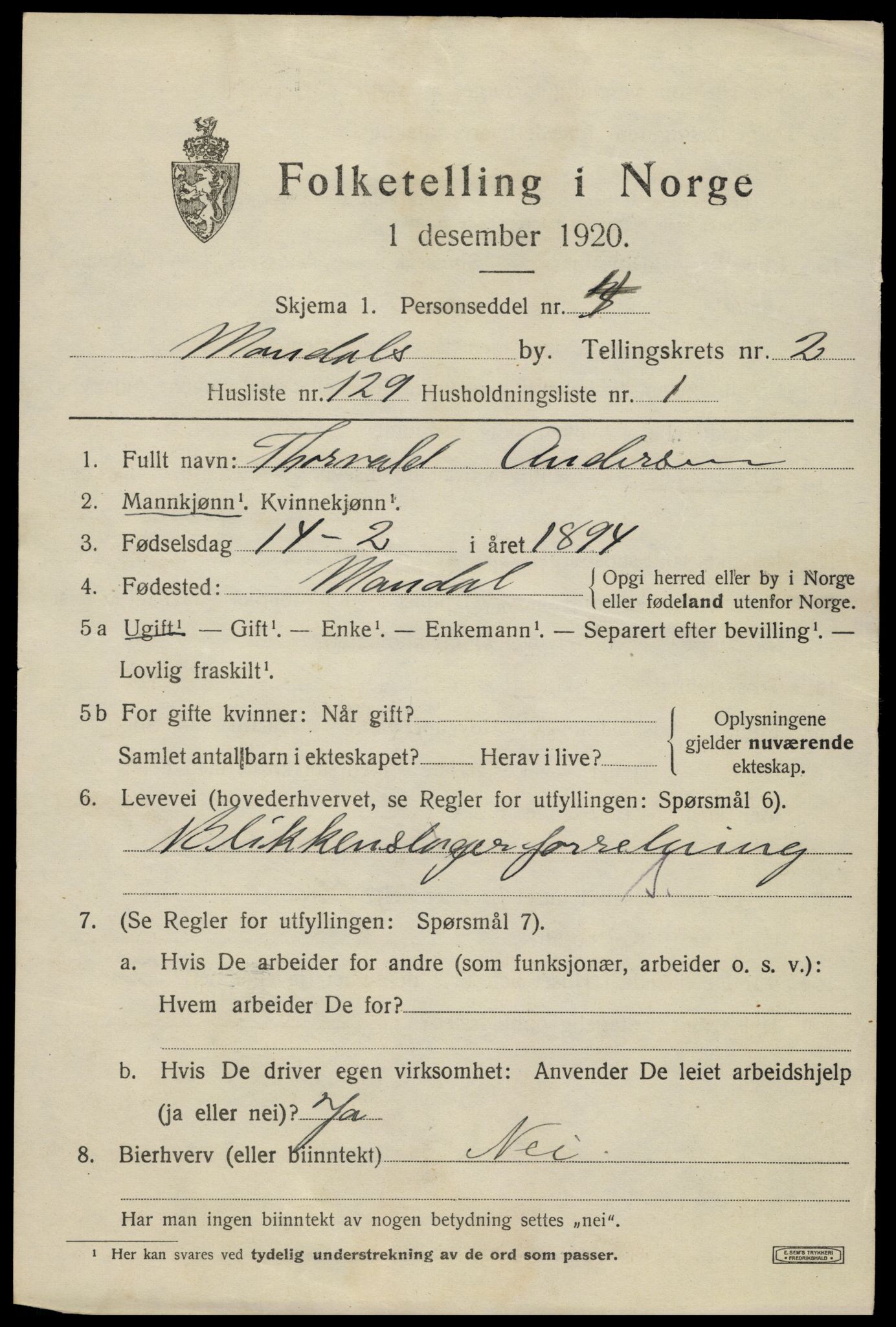 SAK, 1920 census for Mandal, 1920, p. 5421