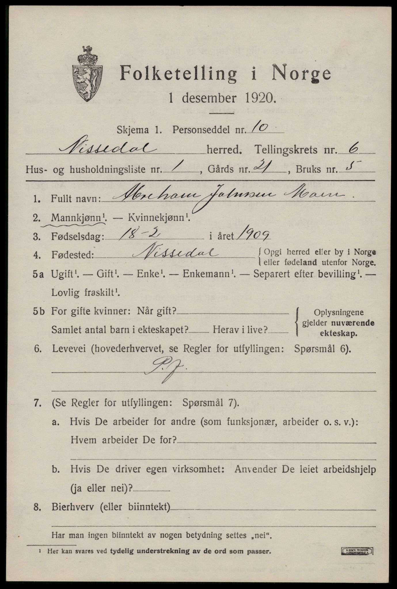 SAKO, 1920 census for Nissedal, 1920, p. 2289