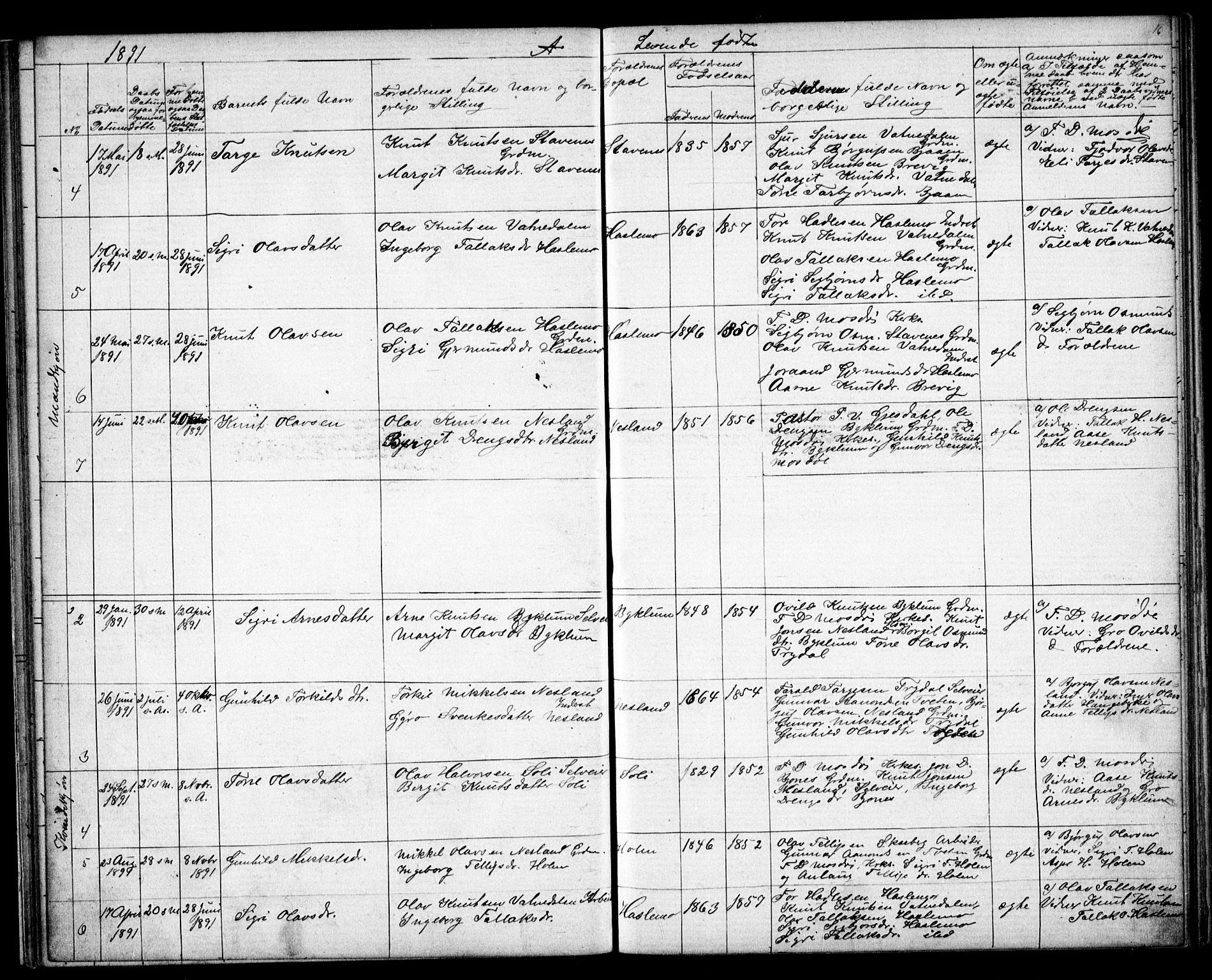 Valle sokneprestkontor, AV/SAK-1111-0044/F/Fb/Fba/L0002: Parish register (copy) no. B 2, 1882-1894, p. 16