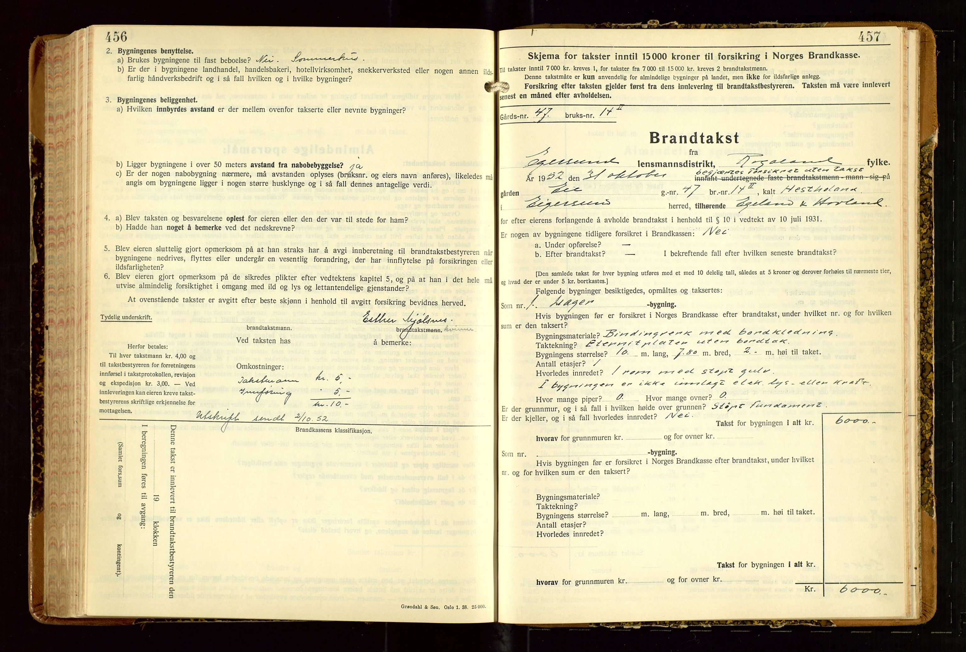 Eigersund lensmannskontor, AV/SAST-A-100171/Gob/L0007: "Brandtakstprotokoll", 1938-1955, p. 456-457