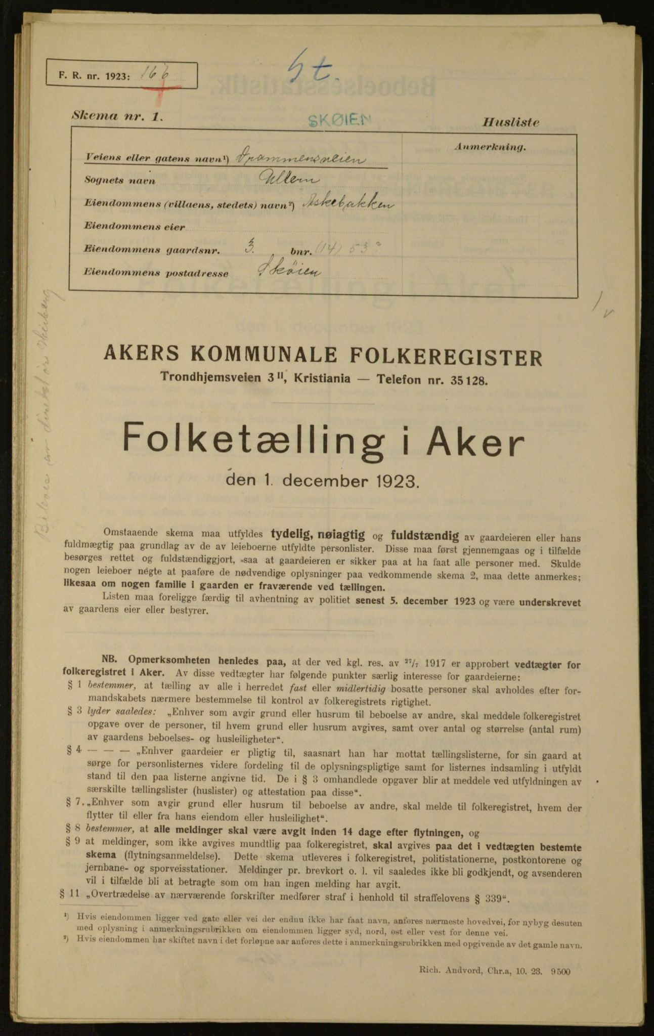 , Municipal Census 1923 for Aker, 1923, p. 1002