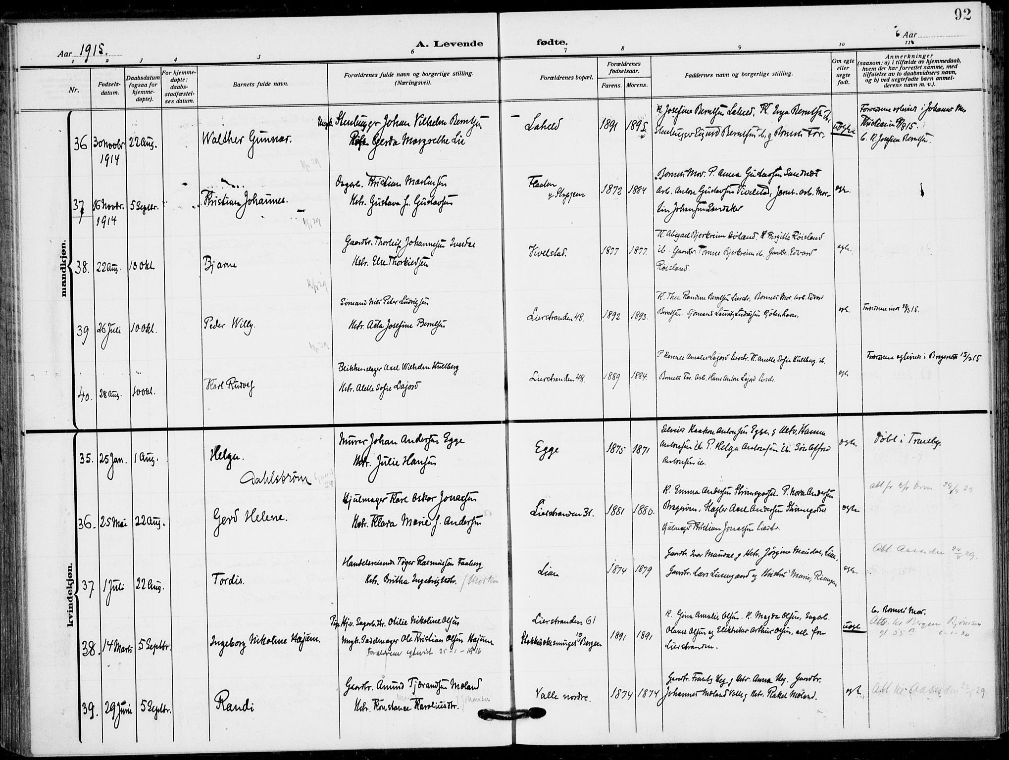 Lier kirkebøker, AV/SAKO-A-230/F/Fa/L0018: Parish register (official) no. I 18, 1909-1917, p. 92