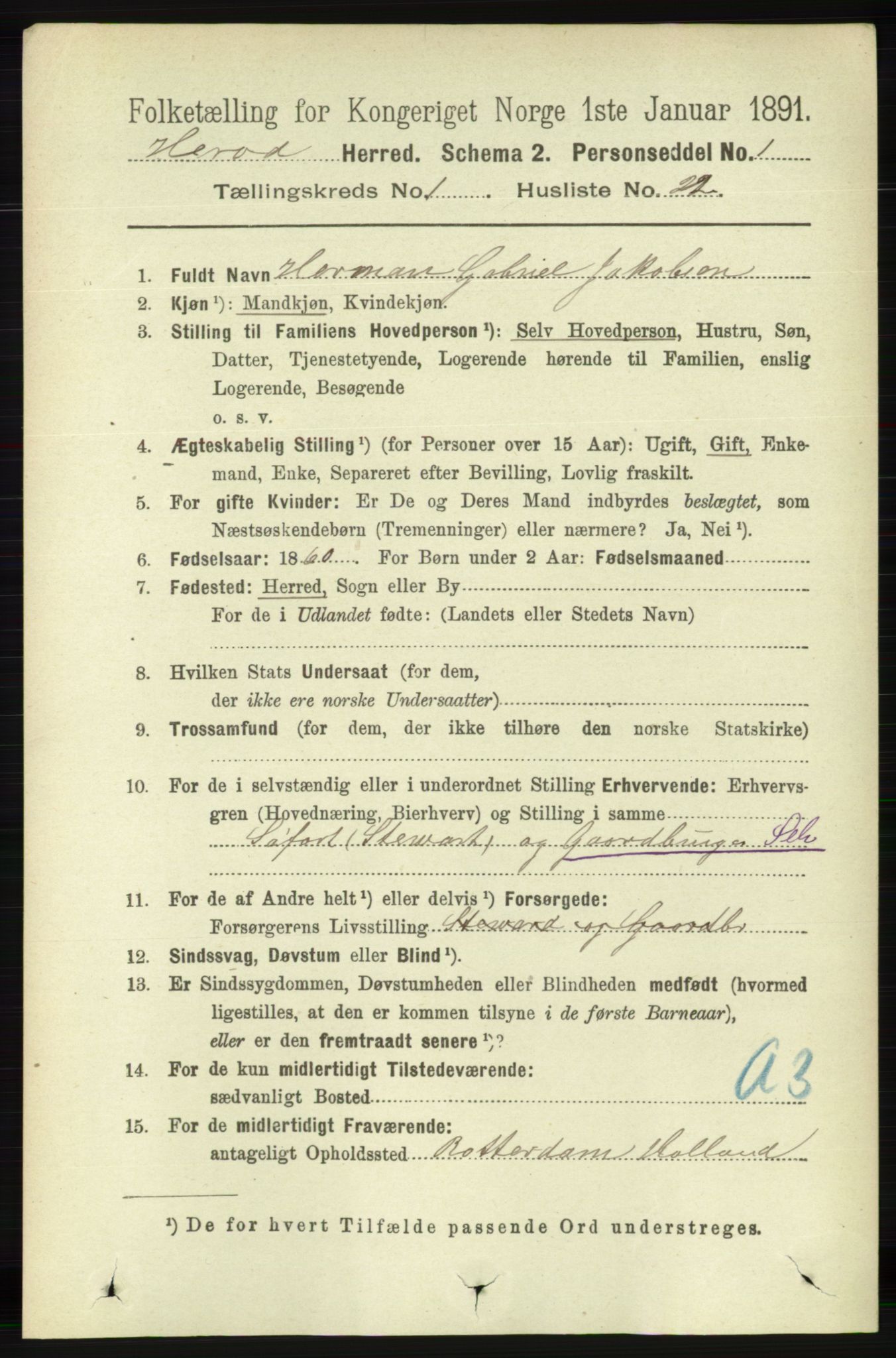 RA, 1891 census for 1039 Herad, 1891, p. 198