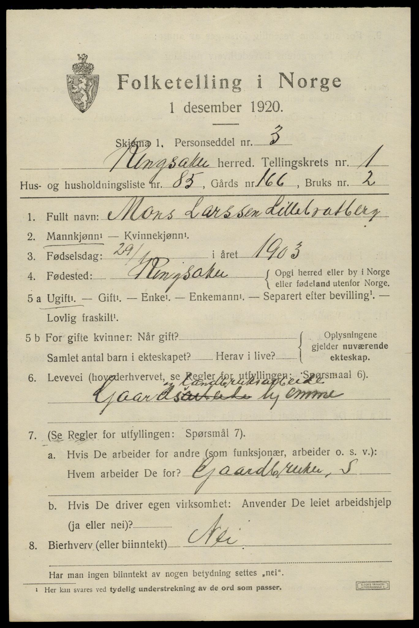 SAH, 1920 census for Ringsaker, 1920, p. 5398