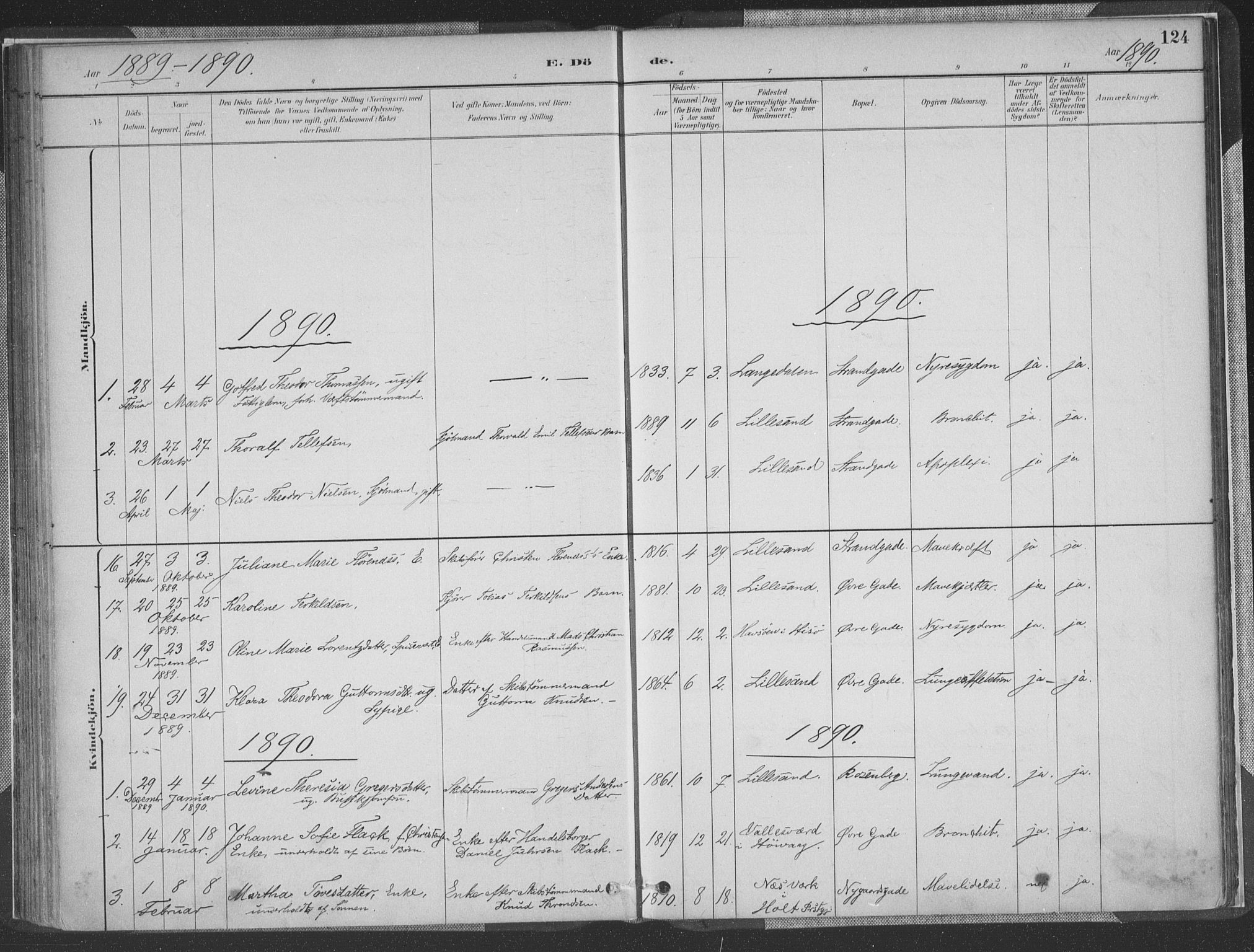 Vestre Moland sokneprestkontor, SAK/1111-0046/F/Fa/Faa/L0001: Parish register (official) no. A 1, 1884-1899, p. 124