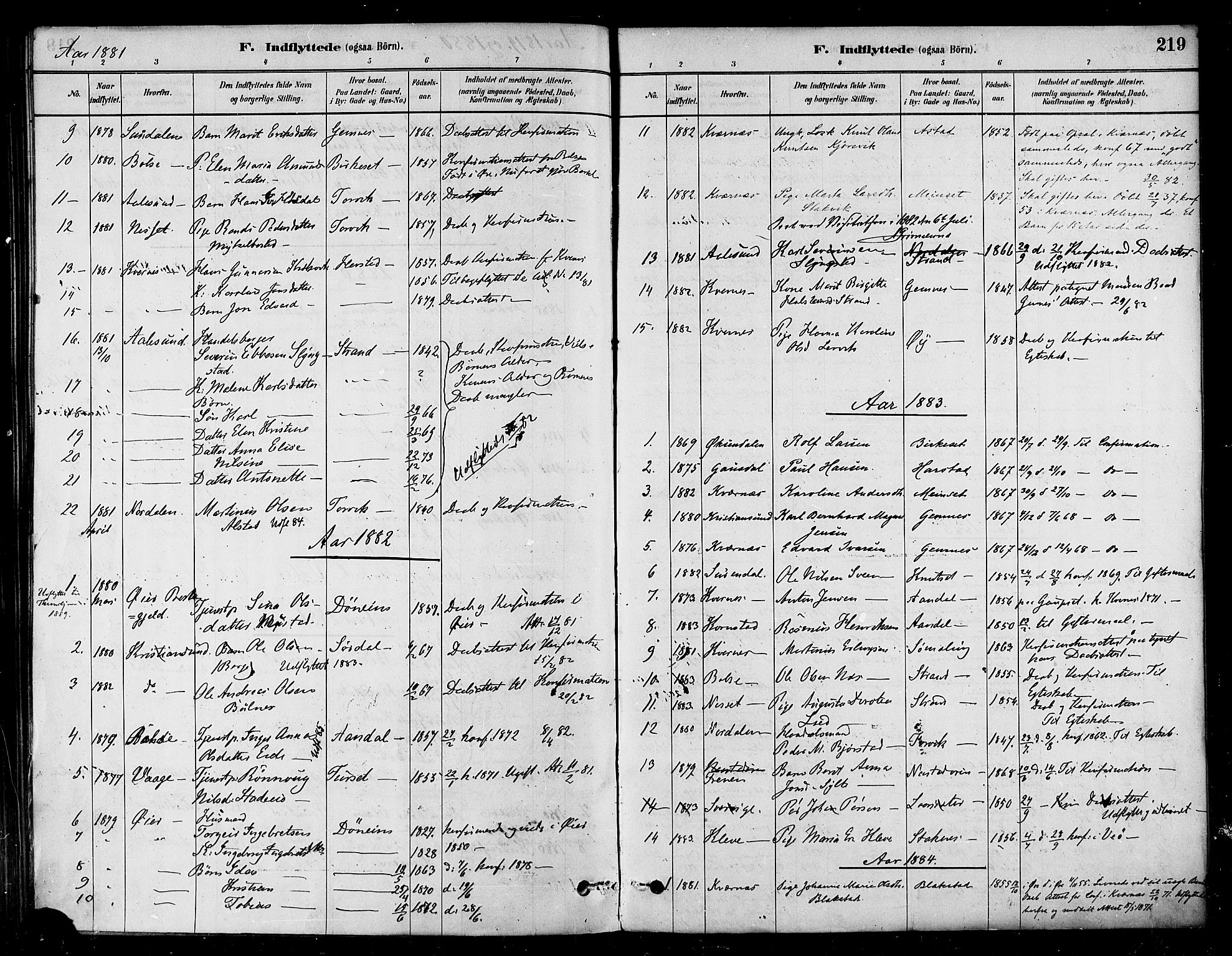 Ministerialprotokoller, klokkerbøker og fødselsregistre - Møre og Romsdal, SAT/A-1454/584/L0967: Parish register (official) no. 584A07, 1879-1894, p. 219
