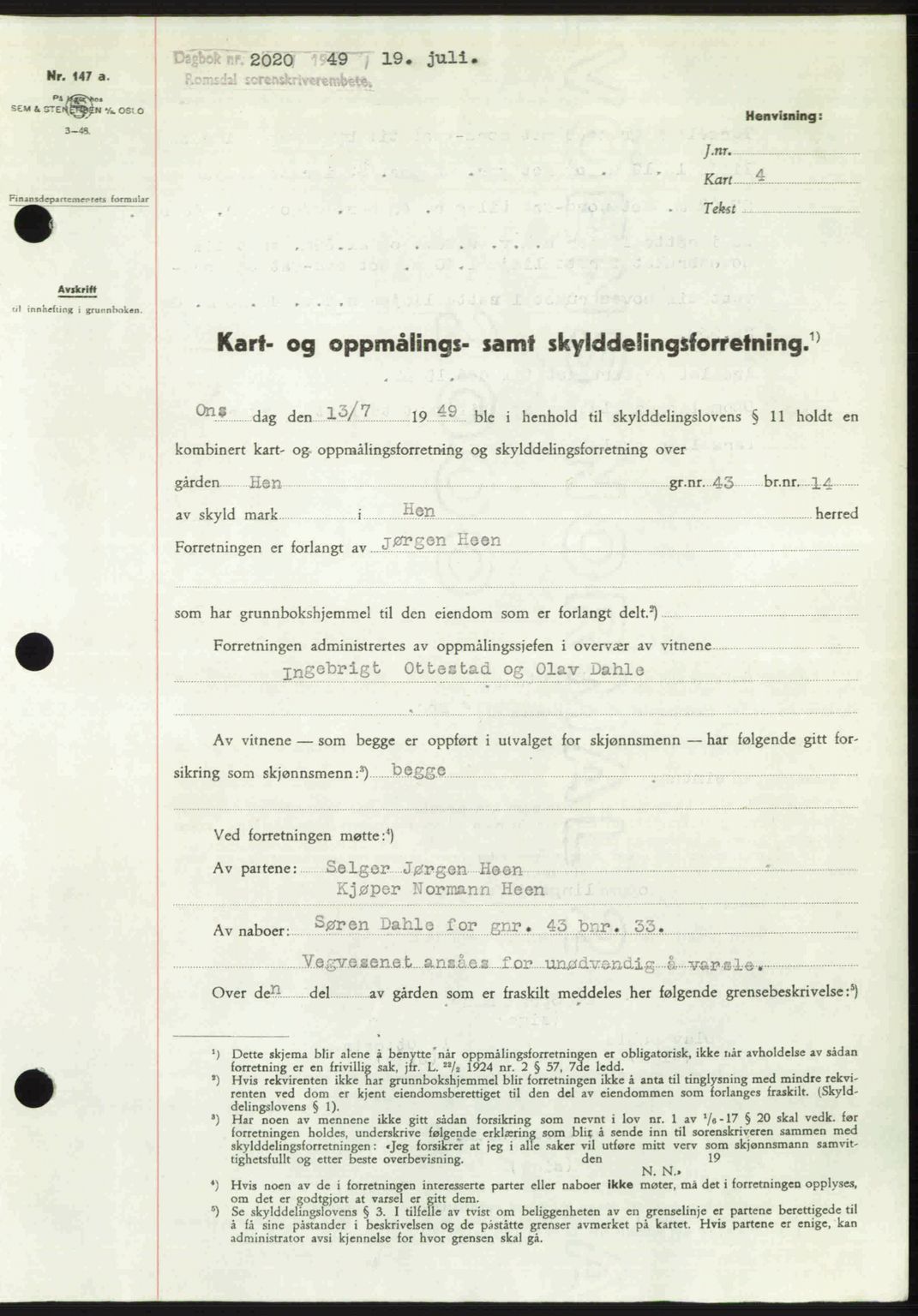 Romsdal sorenskriveri, AV/SAT-A-4149/1/2/2C: Mortgage book no. A30, 1949-1949, Diary no: : 2020/1949