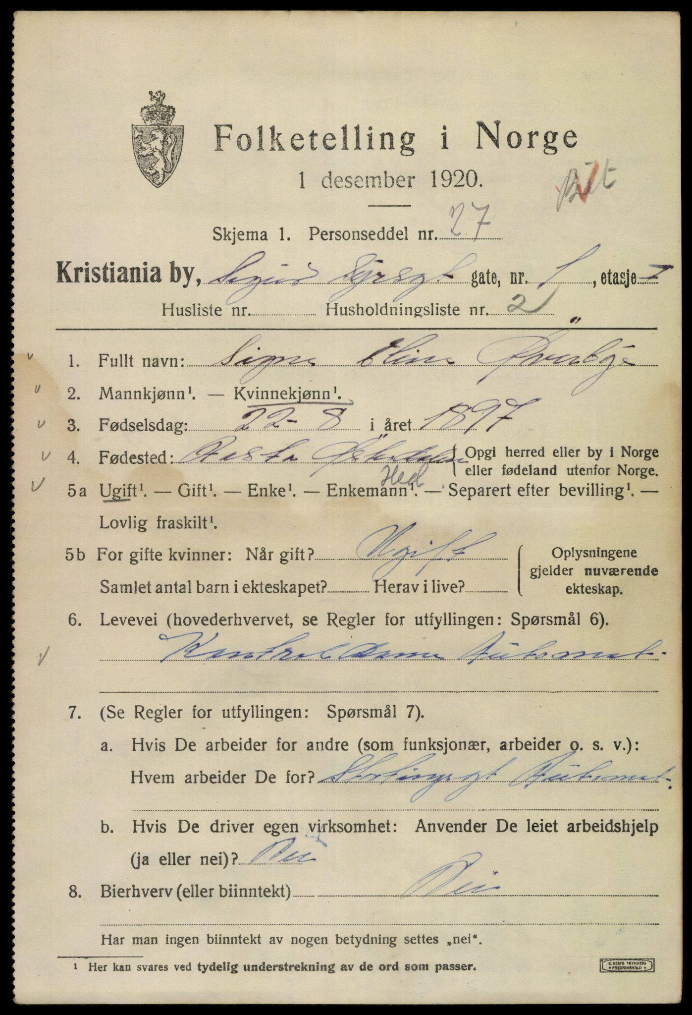 SAO, 1920 census for Kristiania, 1920, p. 510073