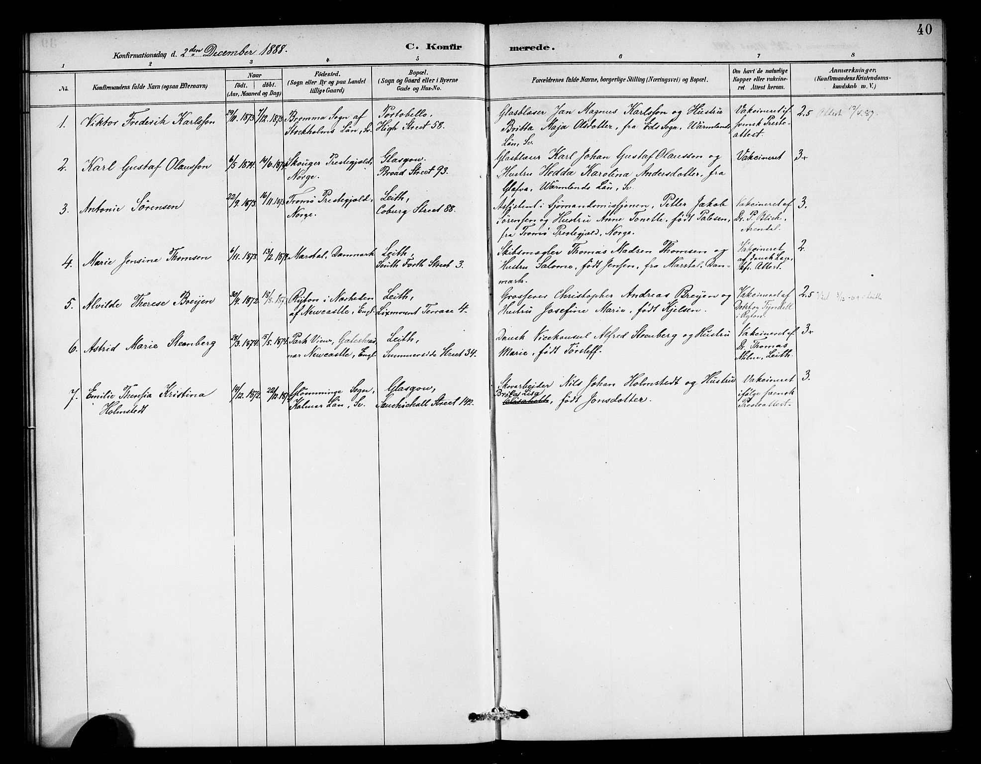 Den norske sjømannsmisjon i utlandet/Skotske havner (Leith, Glasgow), SAB/SAB/PA-0100/H/Ha/Haa/L0003: Parish register (official) no. A 3, 1887-1898, p. 40